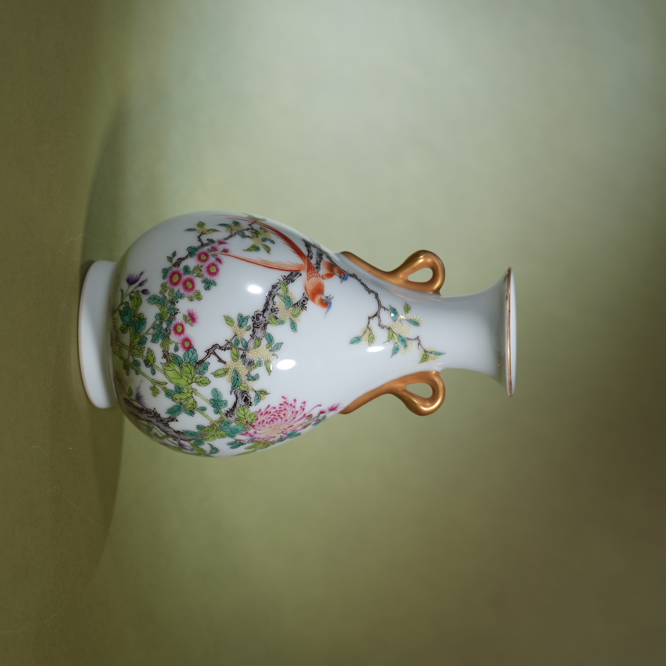 Ancient Chinese Famille Rose Bird and Flower Vase with Gilded Handles