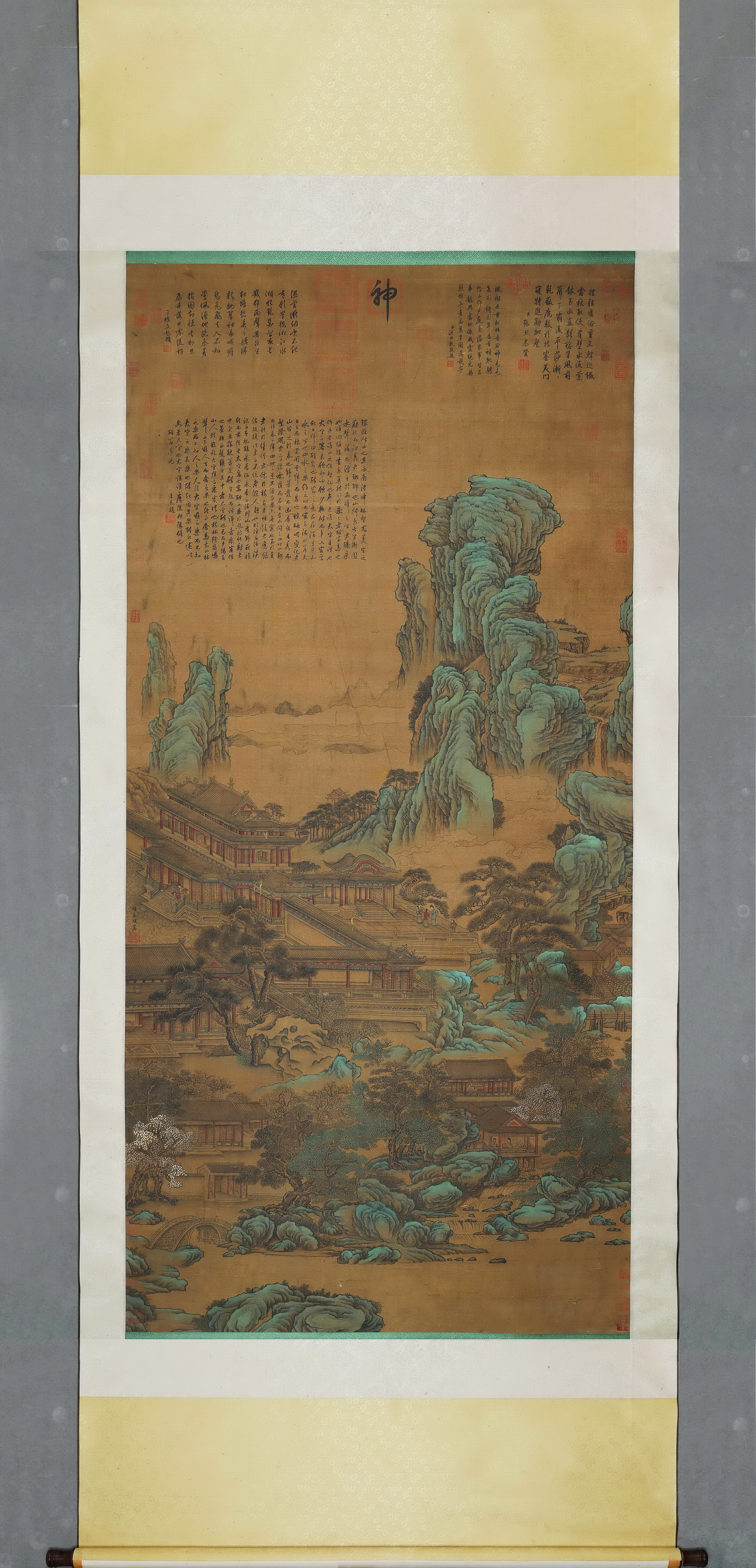 Zhao Mengfu Ancient Old Silk Painting *Green Mountains and Gorgeous Palace*, Vertical Scroll, Mounted, Colophons by Wen Peng, Wang Youdun, Zhang Zhao, Wang Jie et al., Bright Vibrant Colors, Complete Ancient Collection Seals, Large Size, Painting Cor