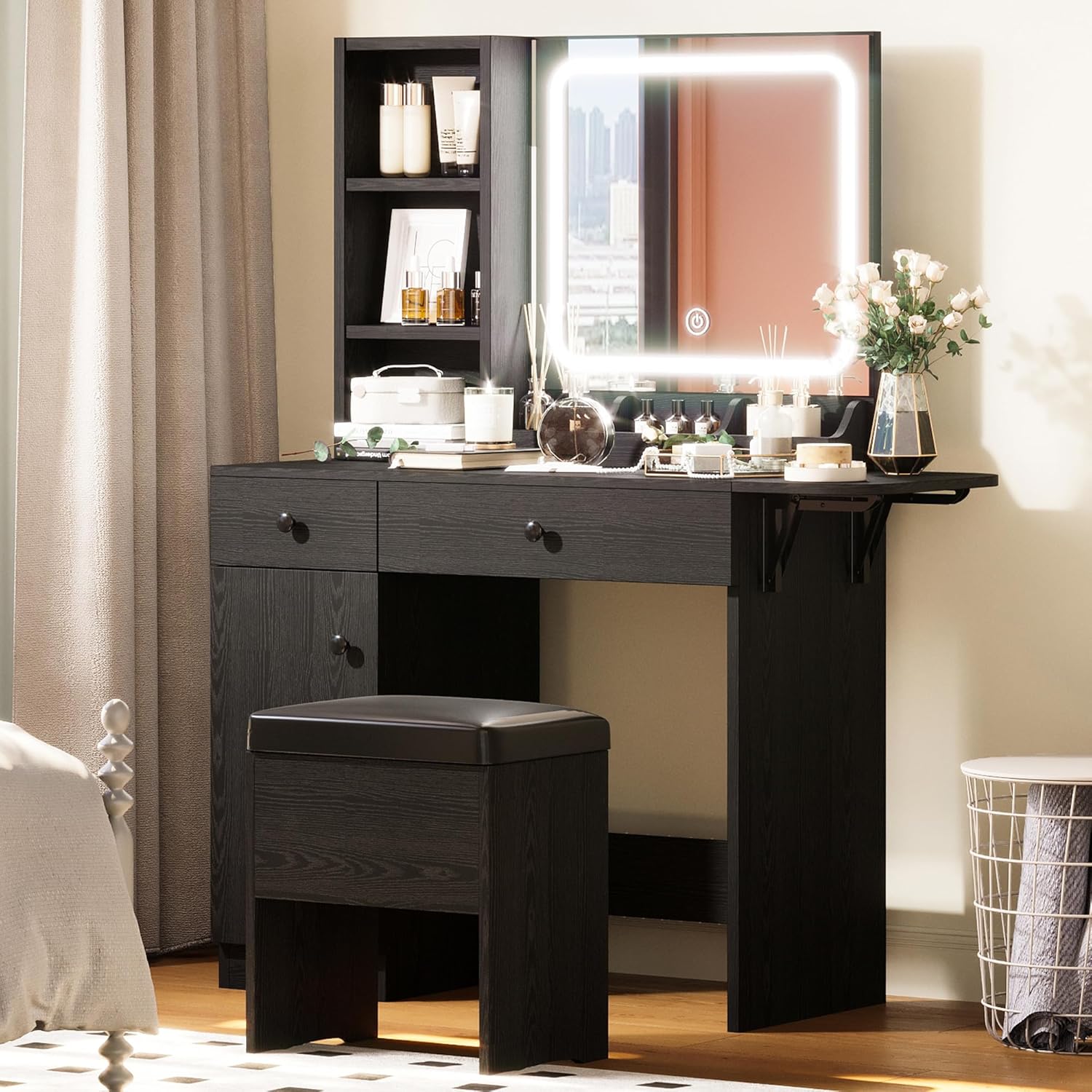 IRONCK Vanity Desk with LED Lighted Mirror & Power Outlet. Makeup Table with Drawers & Cabinet.Storage Stool. White