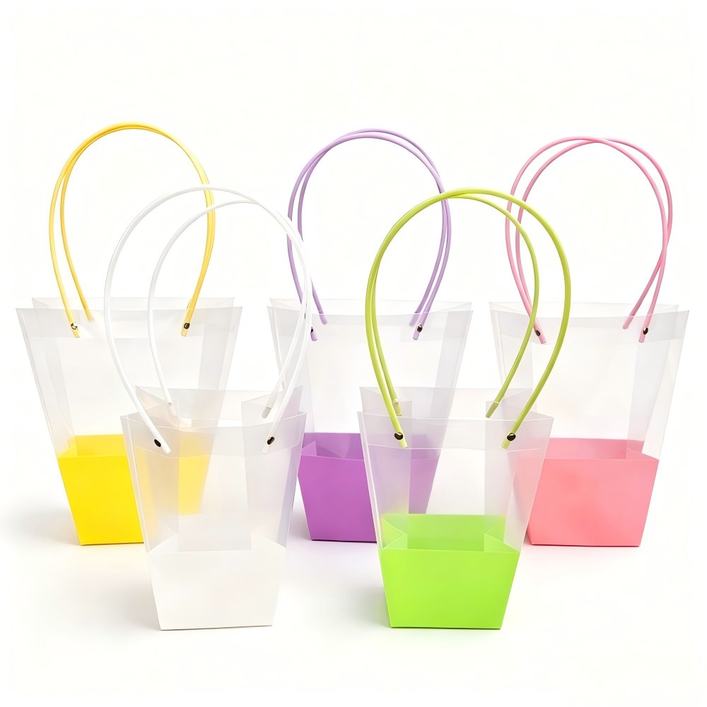 Festival Macaron Color Transparent Handheld Bag, Trapezoid Colorful Flower Bouquet Packaging Bag, Waterproof Gift Carry Bag For Floral And Holiday Present Wholesale
