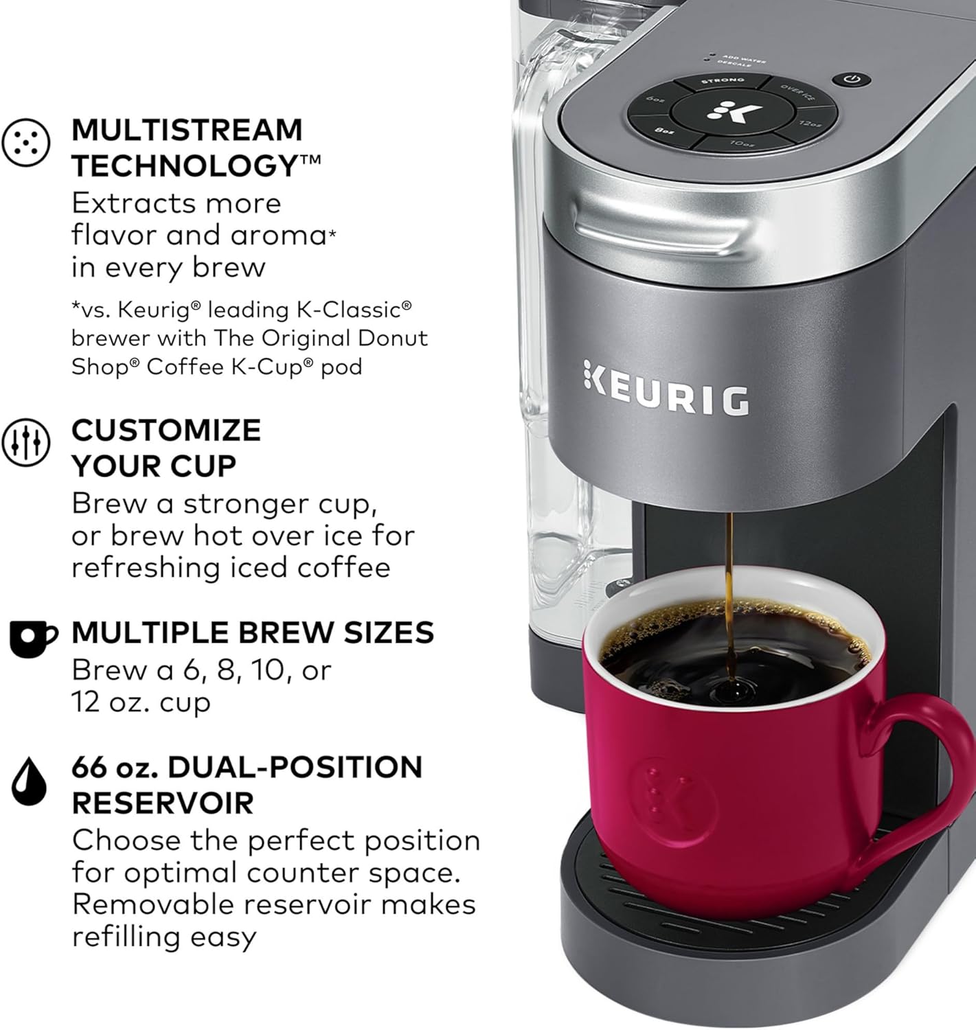 Coffee maker, MultiStream technology, 4 brewing sizes, 64 oz (about 1.9 kg) dual-position removable water tank,