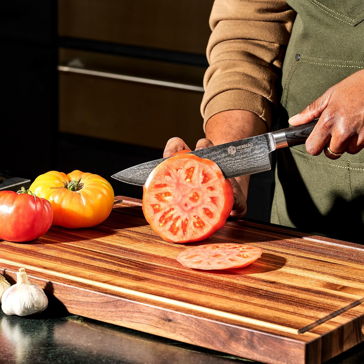HexClad 6-Piece Espresso Damascus Knife Set. 67-Layer Japanese Damascus Stainless Steel Blades. 60 HRC. Made with the 3-Step Honbazuke Method. Pakkawood Handles. 12-Degree Edge