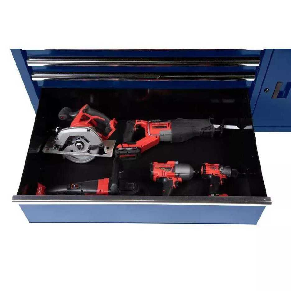56 inches. W 5 Drawer 1 Door Deep Tool Box Mobile Workbench. Bright Blue. Hardwood Top