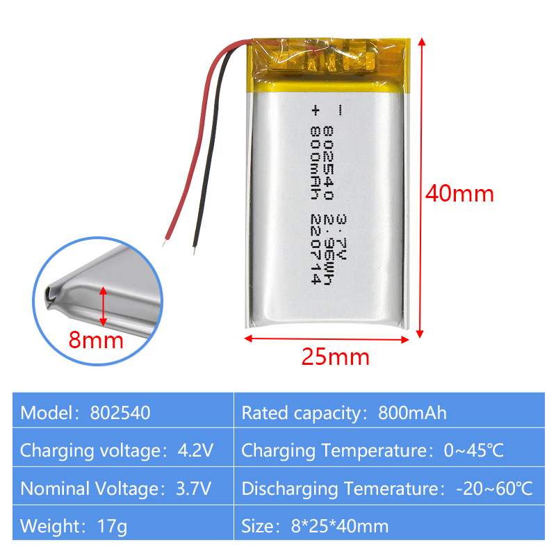 Pouch Lithium Ion Batteries 802050 802530 3.7v 800mAh 600mAh