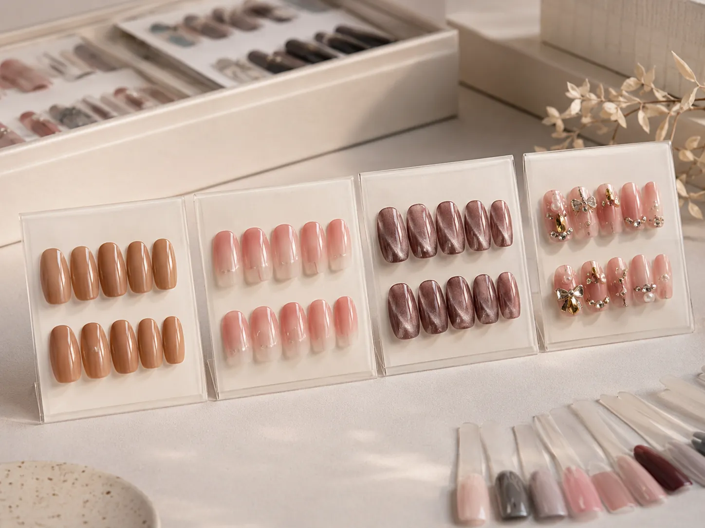Different press on nail designs with varying production complexity for wholesale orders
