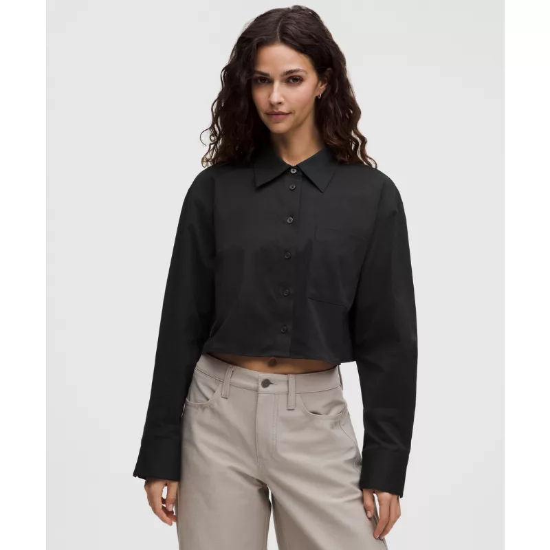 Woven Cropped Button-Up Long-Sleeve Shirt