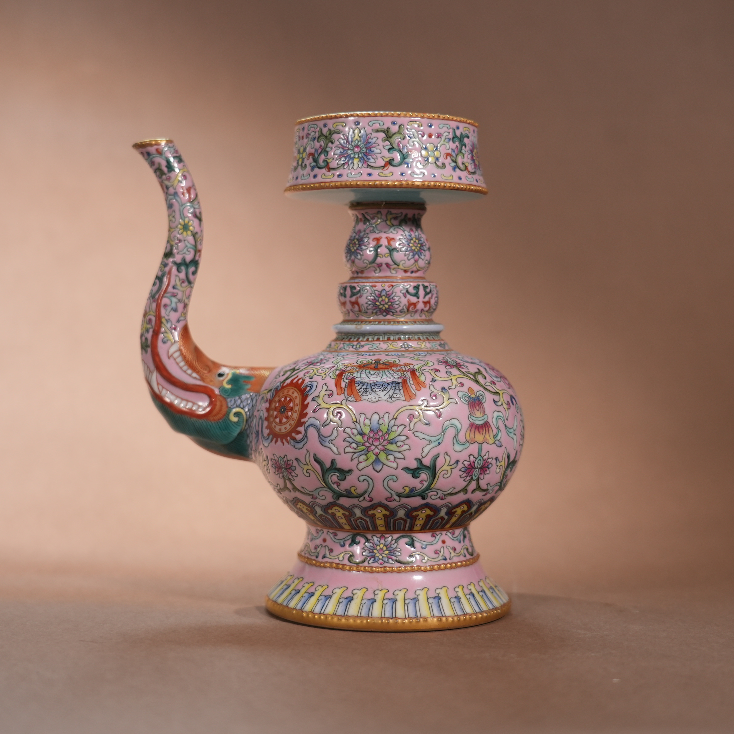 Ancient Chinese Famille Rose Benba Hu Vase with Eight Auspicious Symbols