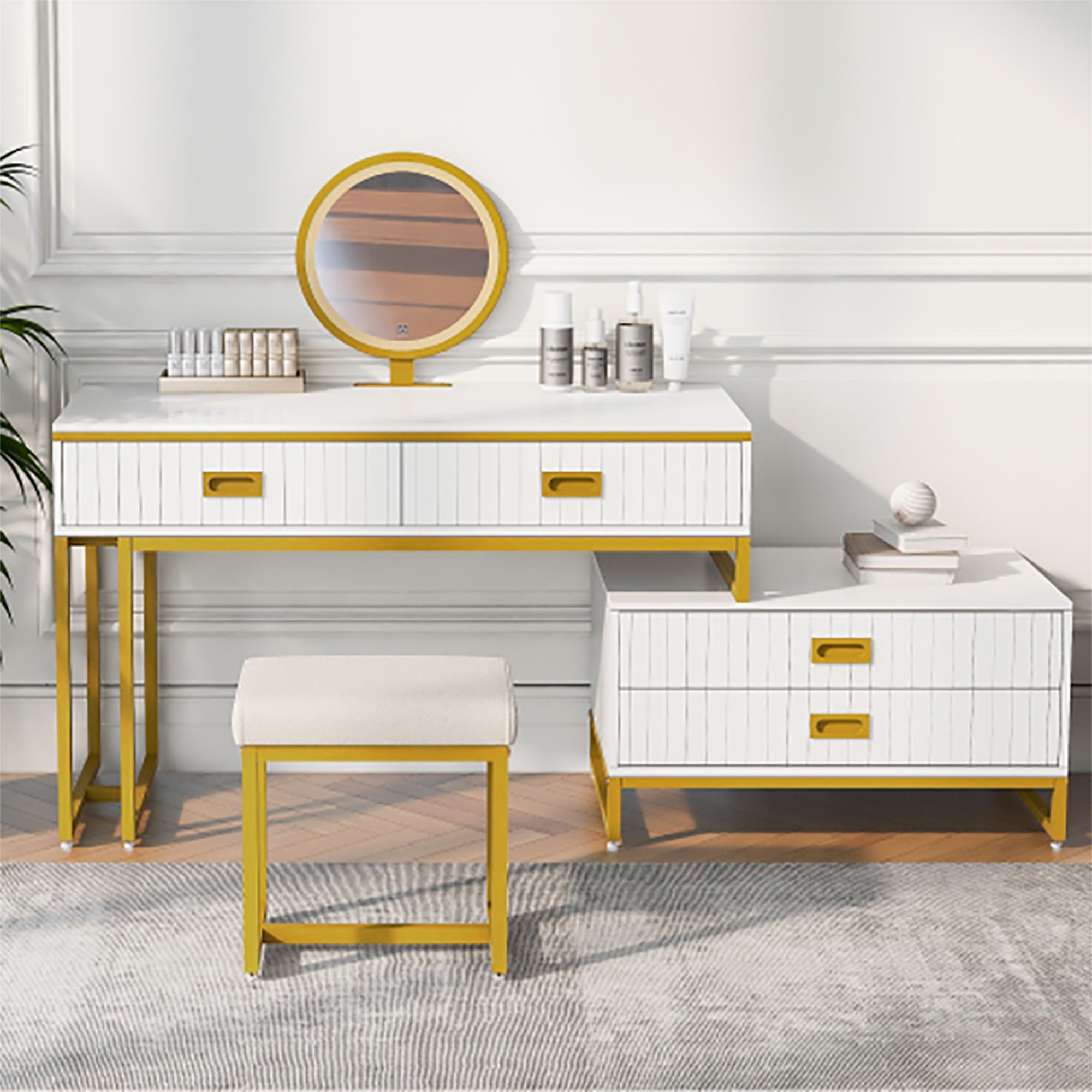 Kadyn Modern Style Vanity Table With Movable Side Cabinet And 4-Drawers. Large Size Dressing Table With Mirror and 3-colors LED Light. Makeup Table With Stool. White. Golden Legs