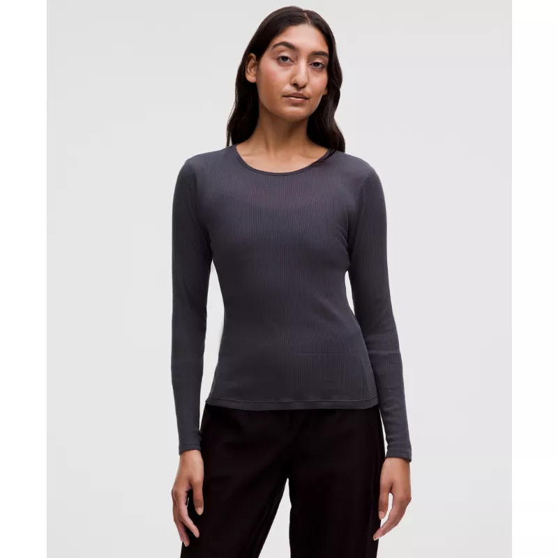 Sheer Cotton Ribbed Crewneck Long-Sleeve Shirt