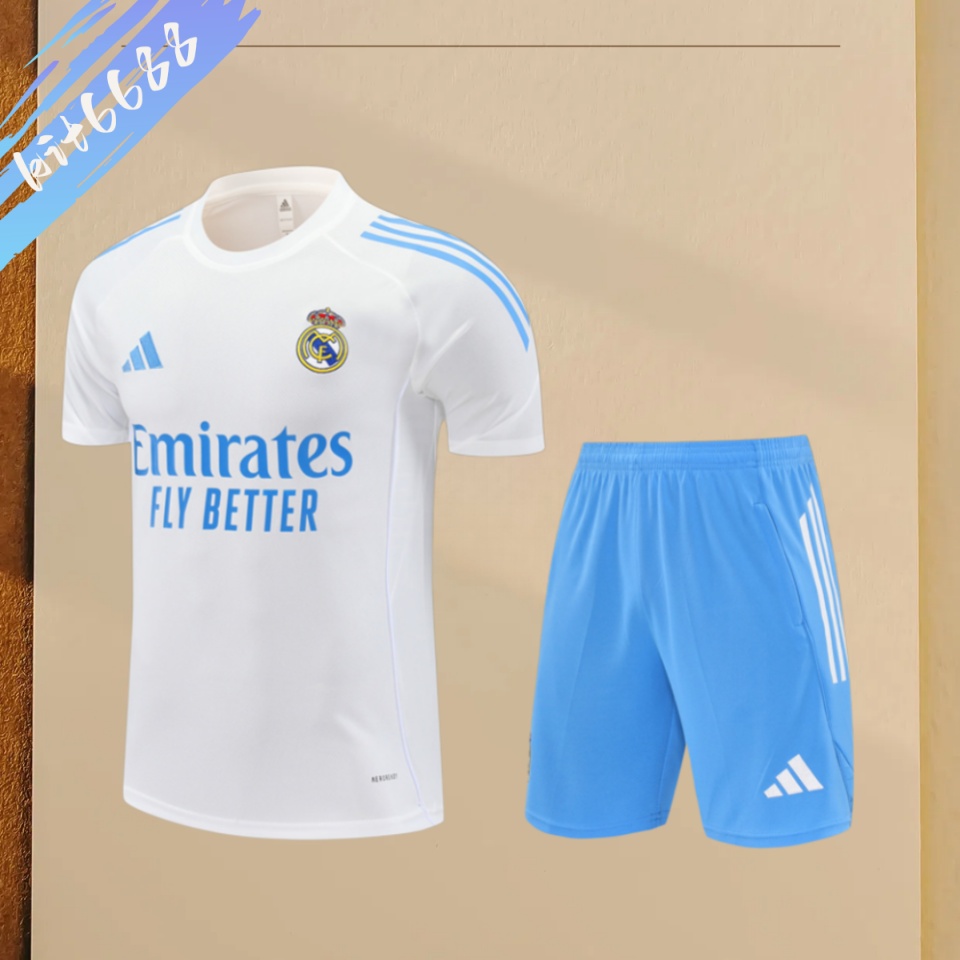 25/26 Real Madrid White paired with light blue Short  Sleeve Training Wear ( Adult kit Kids )