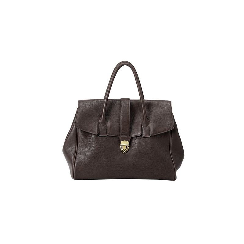 Structured Leather Satchel – Top Handle Bag with Gold Lock Closure in Espresso Brown