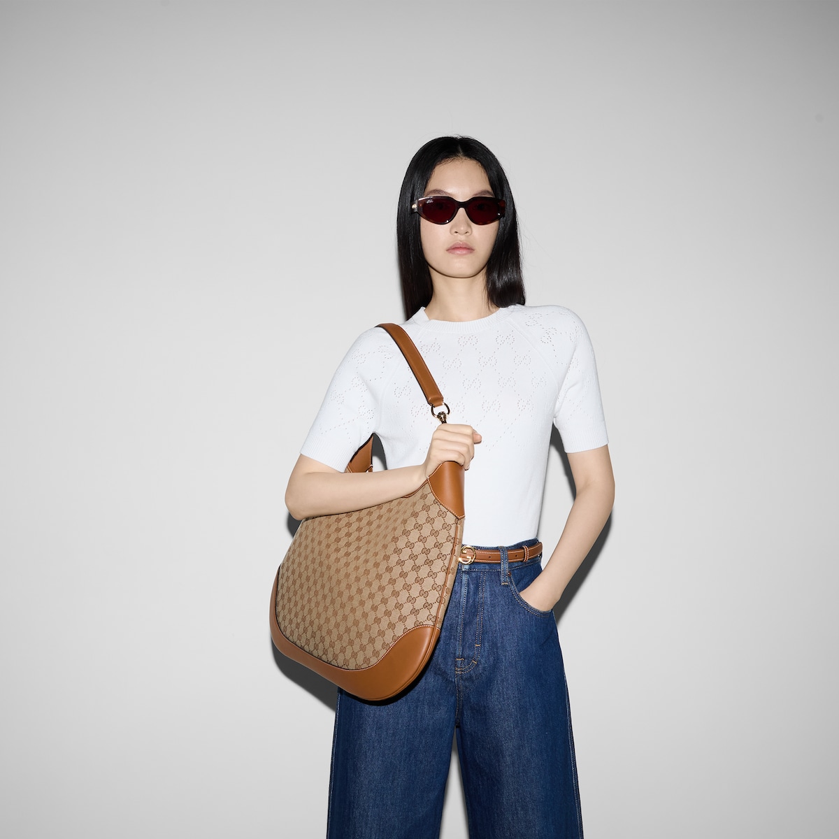 Gucci B large shoulder bag Beige and dark brown GG canvas