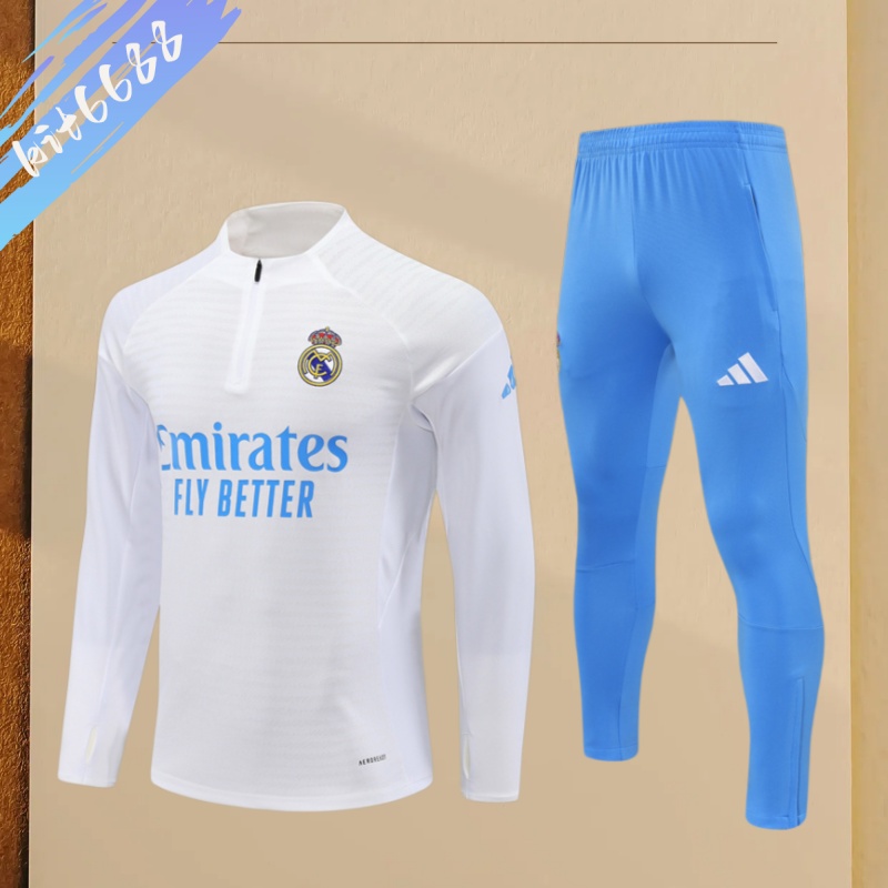 25/26 Real Madrid White paired with light blue Half Zip Training Kit (Adult Kids Kit)