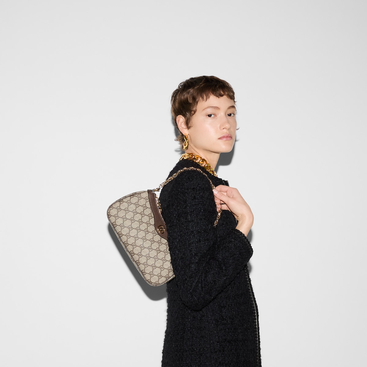 Ophidia small shoulder bag Beige and dark brown GG Supreme