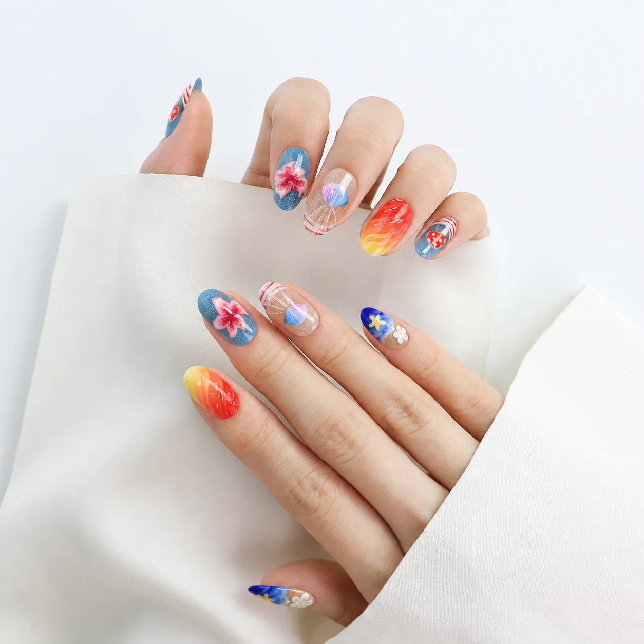 Colorful Floral 3D Press On Nails Wear Effect