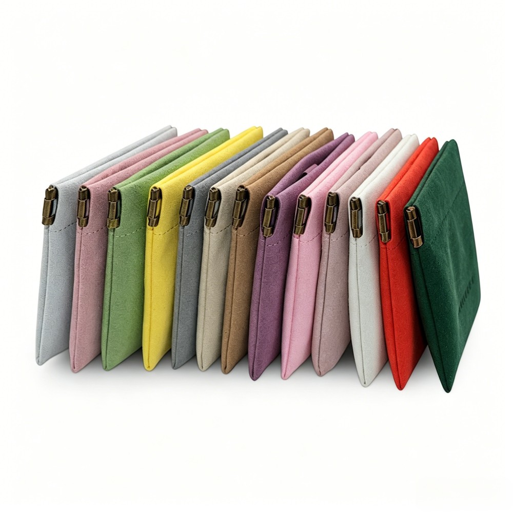 Spring Opening Suede Microfiber Leather Jewelry Pouch, Premium Soft Flannel Jewelry Storage Bag, Necklace Ornament Gift Box Packaging Pouch, Anti-Scratch Reusable Jewelry Wallet Bag, Custom Logo Factory Wholesale