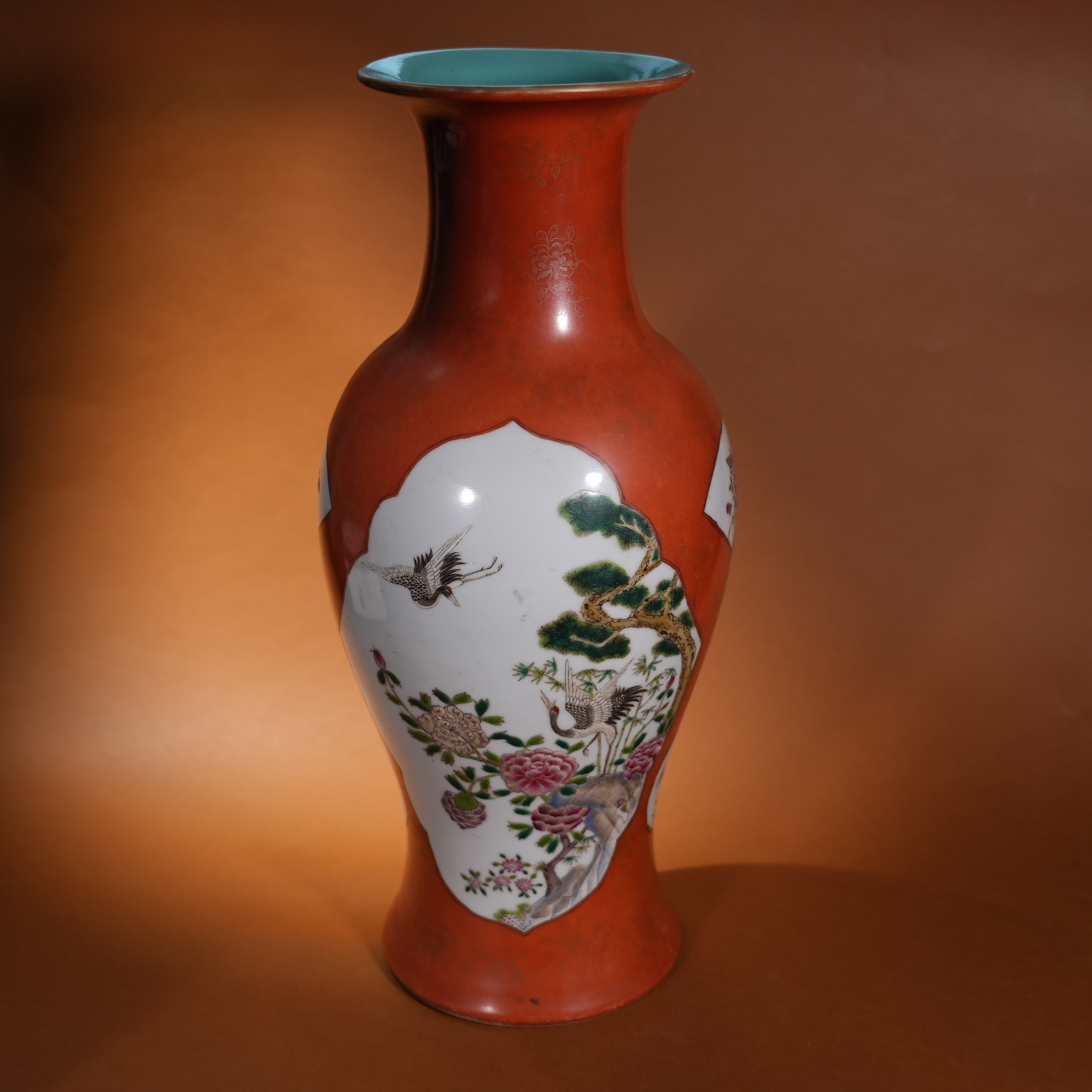 Chinese Coral-Red Ground Guanyin Vase with Gilded Openwork Famille Rose Bird and Flower Motifs