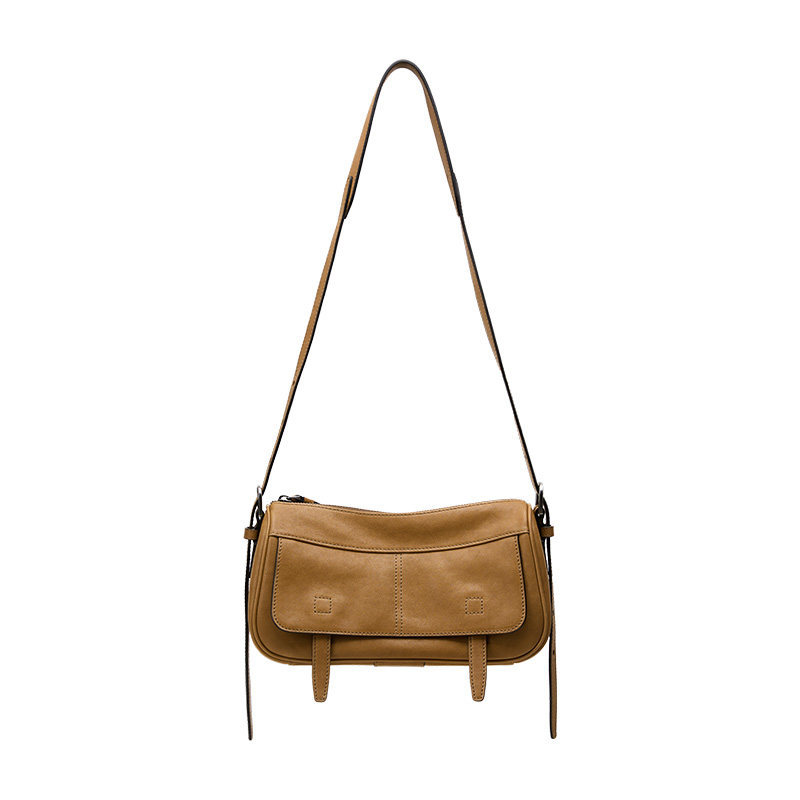Vintage Pocket Leather Shoulder Bag – Adjustable Strap Crossbody Purse in Camel Brown