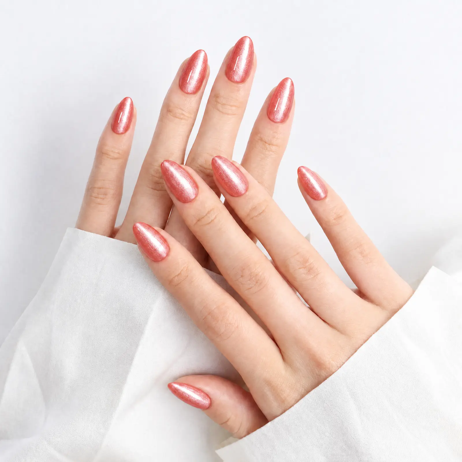 Rose Pink Cat Eye Press On Nails Worn on Both Hands