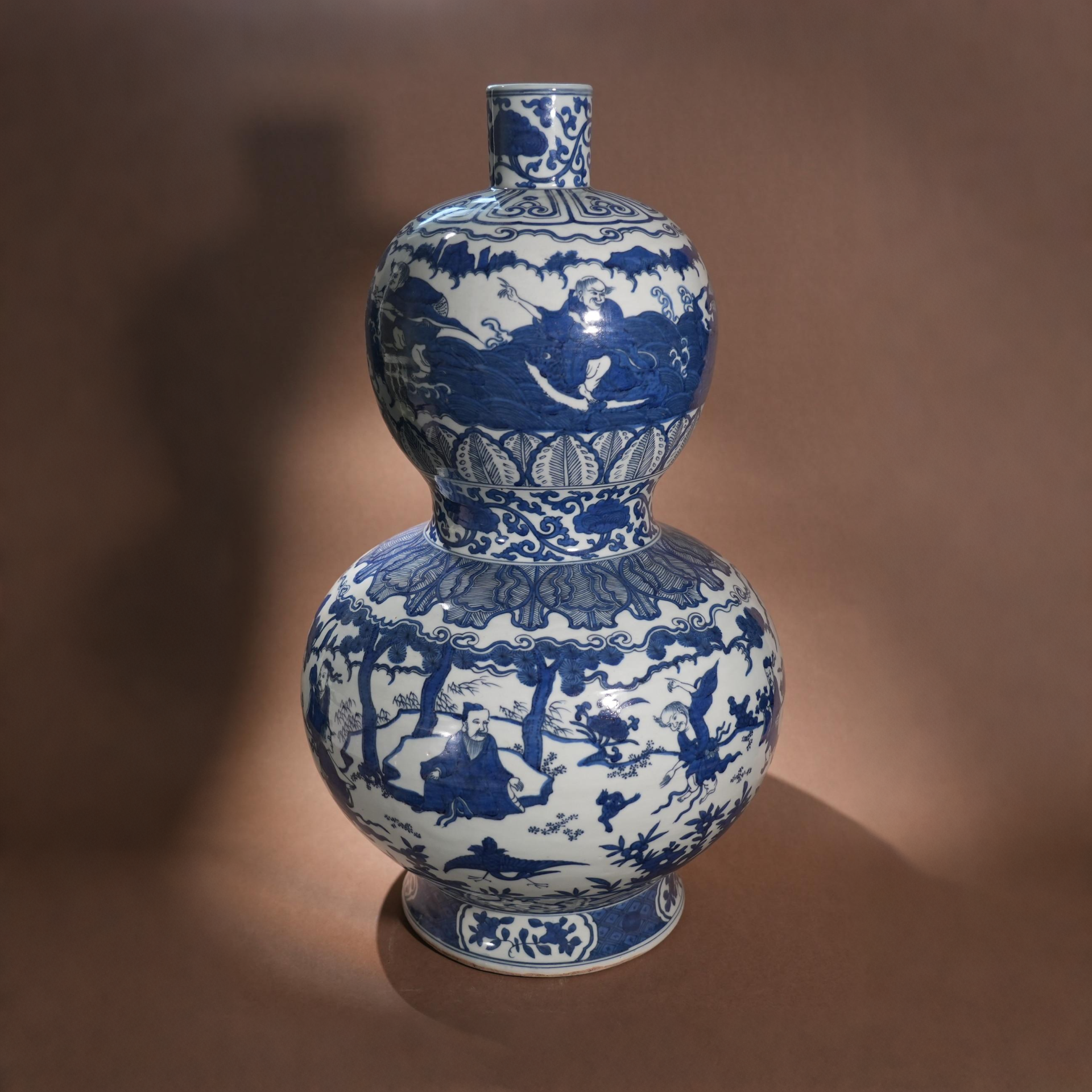 Ancient Chinese Blue and White Gourd Vase with Immortals Celebrating Longevity Motifs