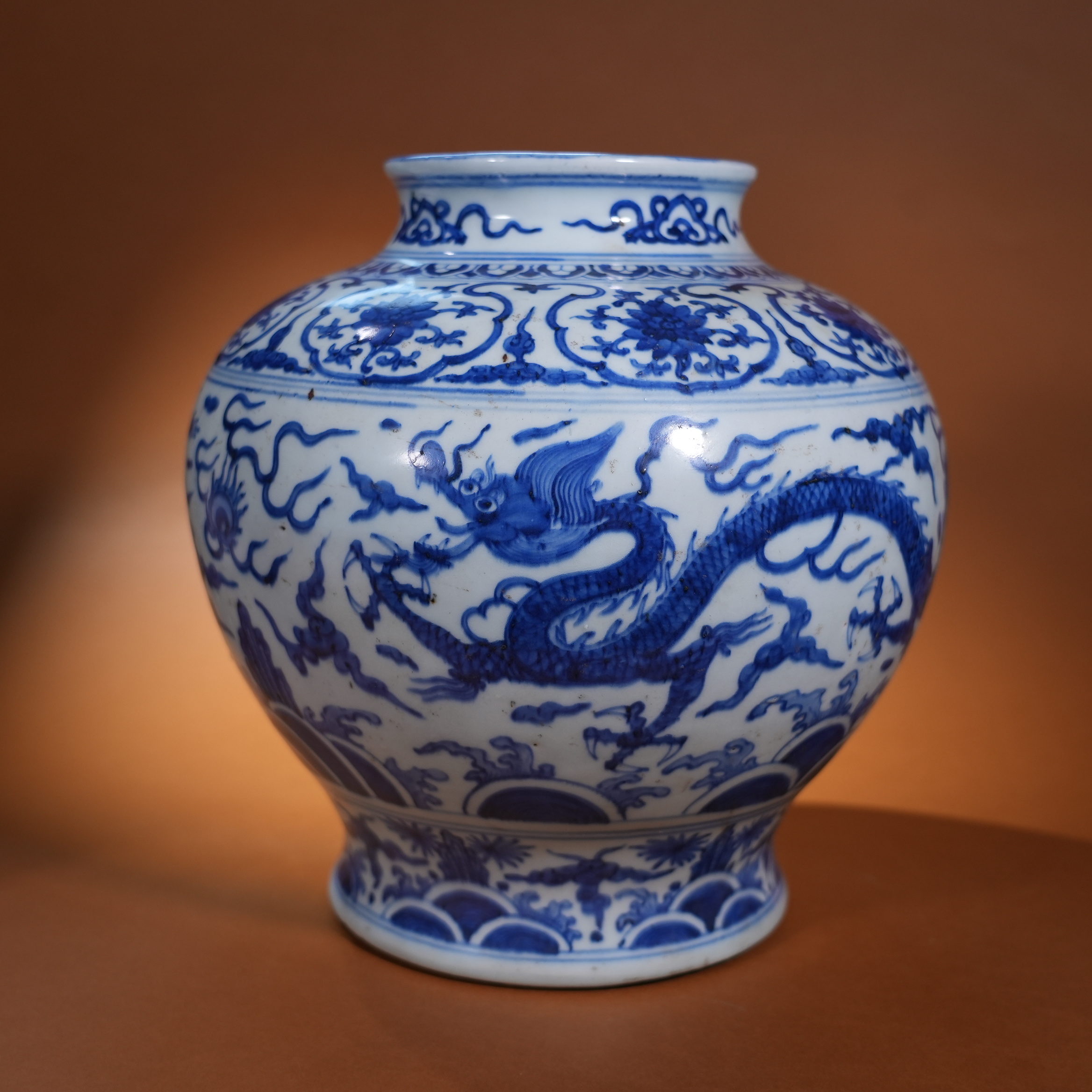 Ancient Chinese Blue and White Jar with Double Dragon Chasing Pearl Motifs