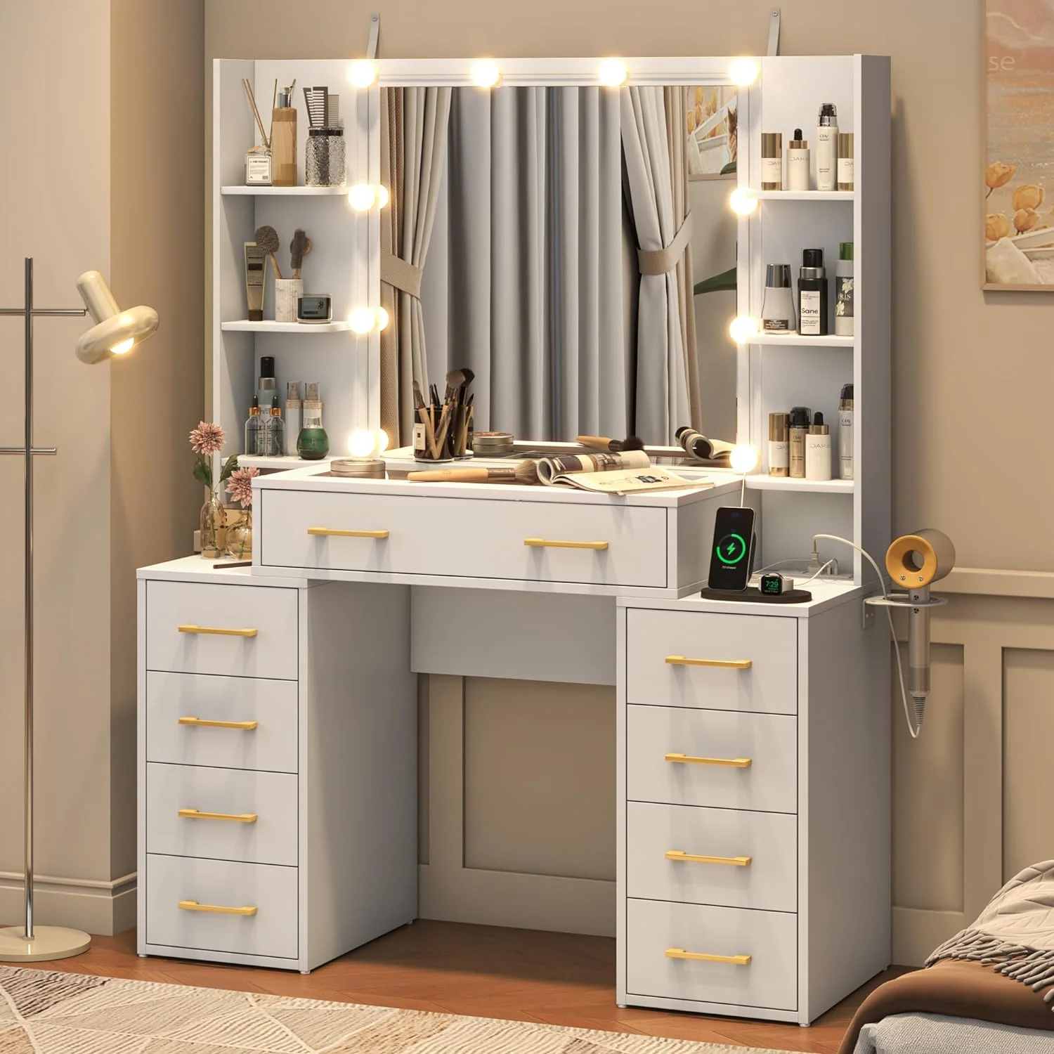 Black Vanity Desk with Mirror & LED Lights. Glass Top Vanity Desk with Charging Station & Compartment Storage Drawers. 43 Large Makeup Vanity Table with 9 Drawers & 6 Shelves