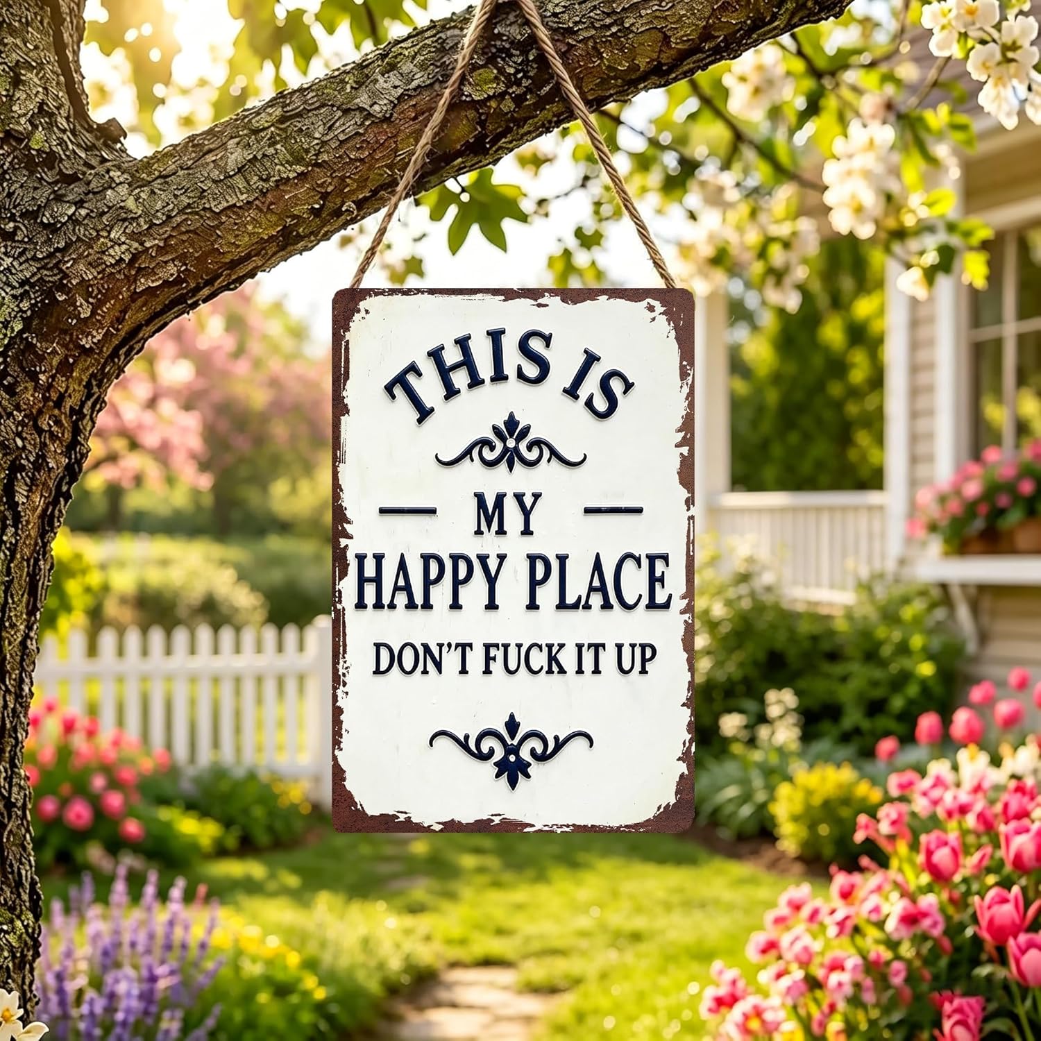 This Is My Happy Place Don't Fuck It Up Metal Sign, 8x12 Inch Aluminum Wall Decor, Funny Rustic Farmhouse Style for Home, Living Room, Man Cave