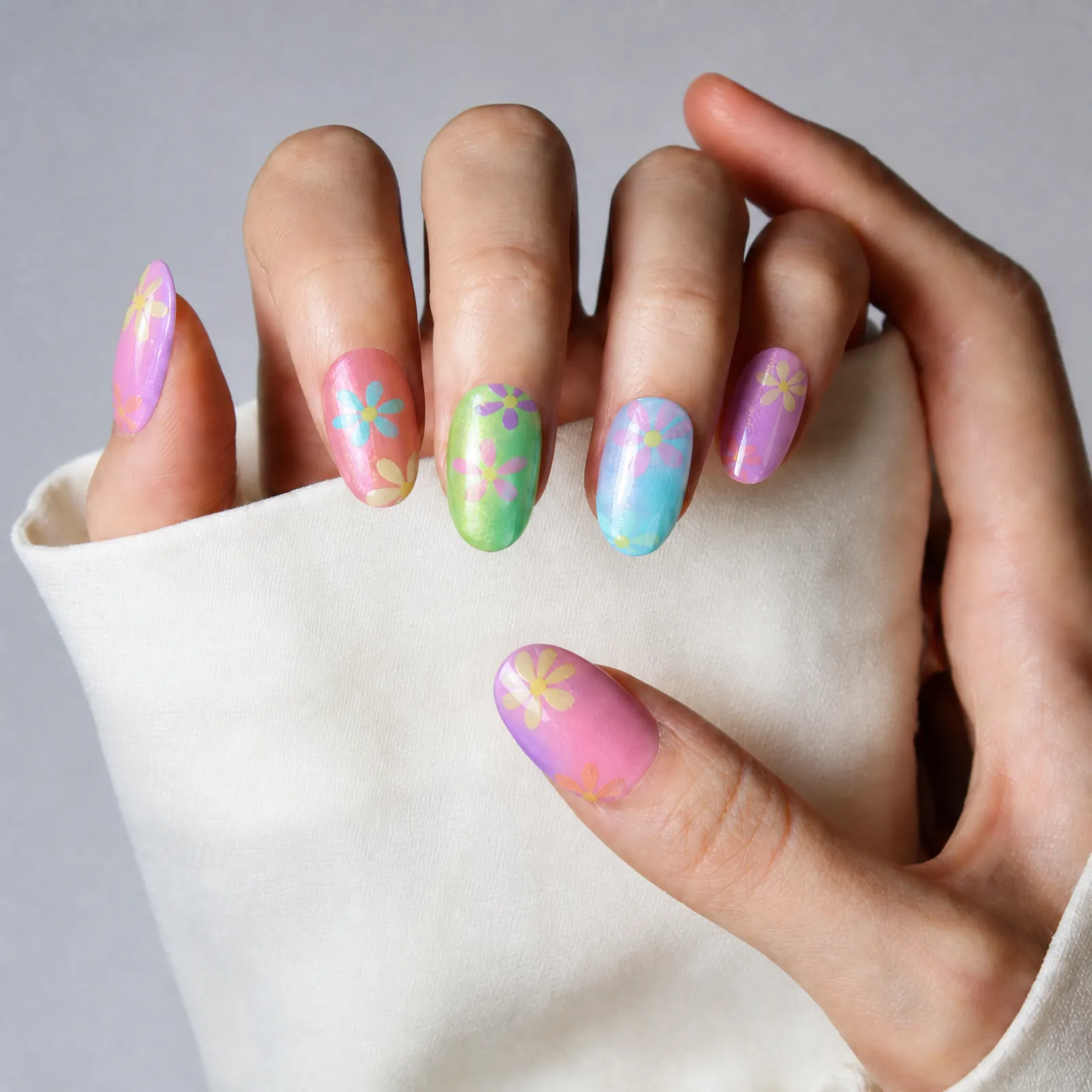 Colorful Floral Press On Nails Worn on Hand