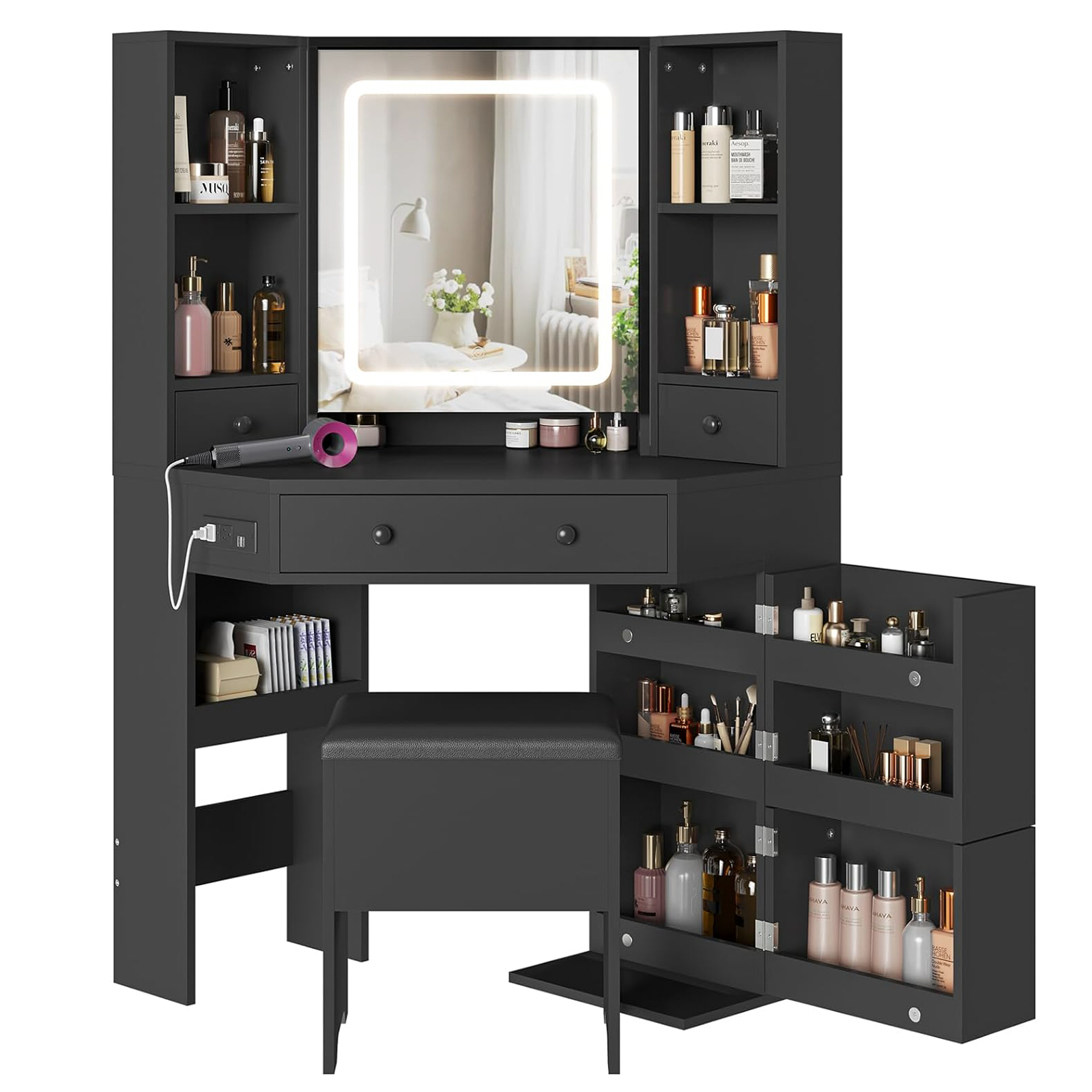 Makeup Corner Vanity Desk with Mirror and Lights and Charging Station.Black Vanity Set table Dressing with Drawers&Storage Stool&Rotating Shelves for Girls Women