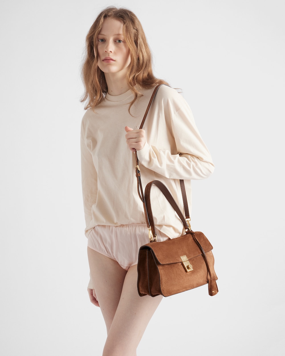 Prada Soft Sound medium suede shoulder bag Cocoa Brown