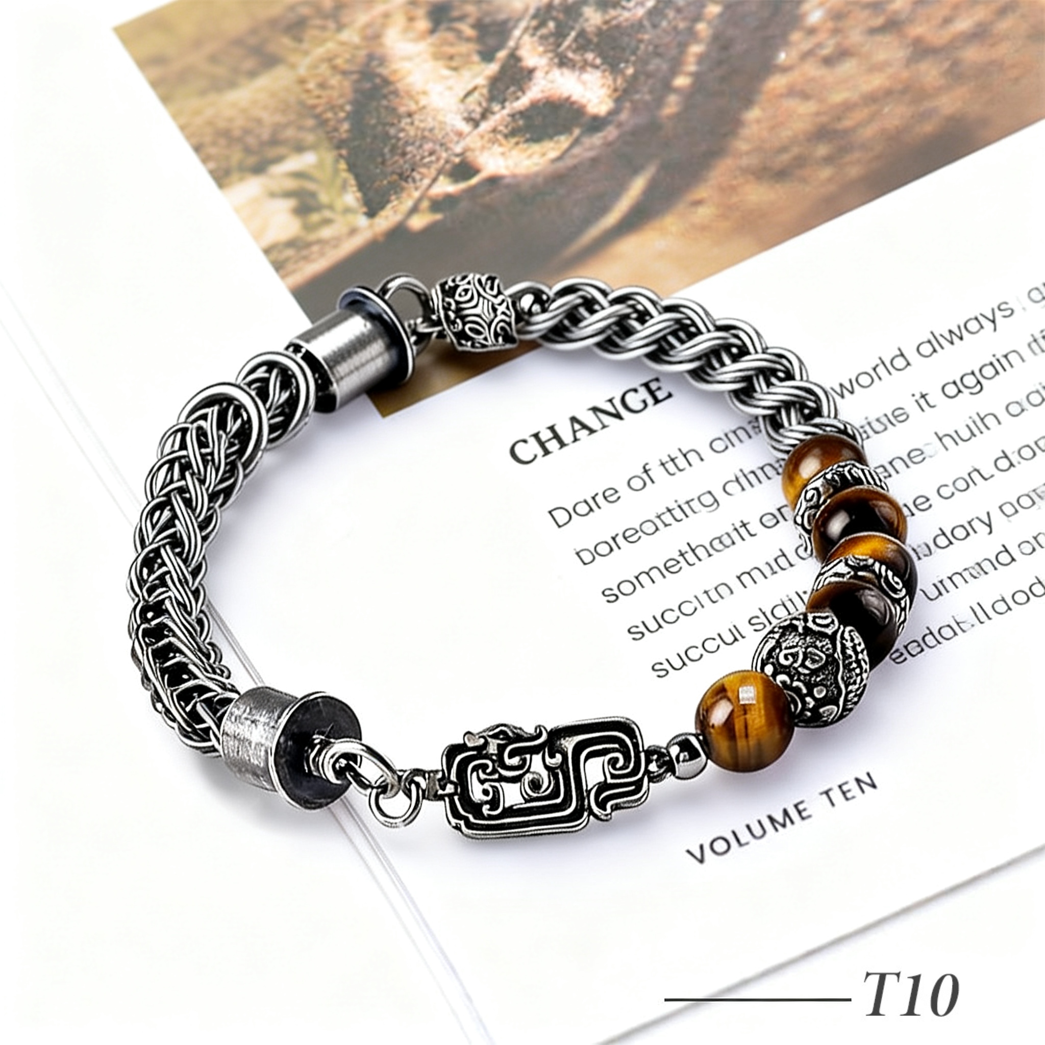 T10-Men's Natural Tiger Eye Beaded Bracelet with Sterling Silver Vintage Spacer 8mm Adjustable Bracelet