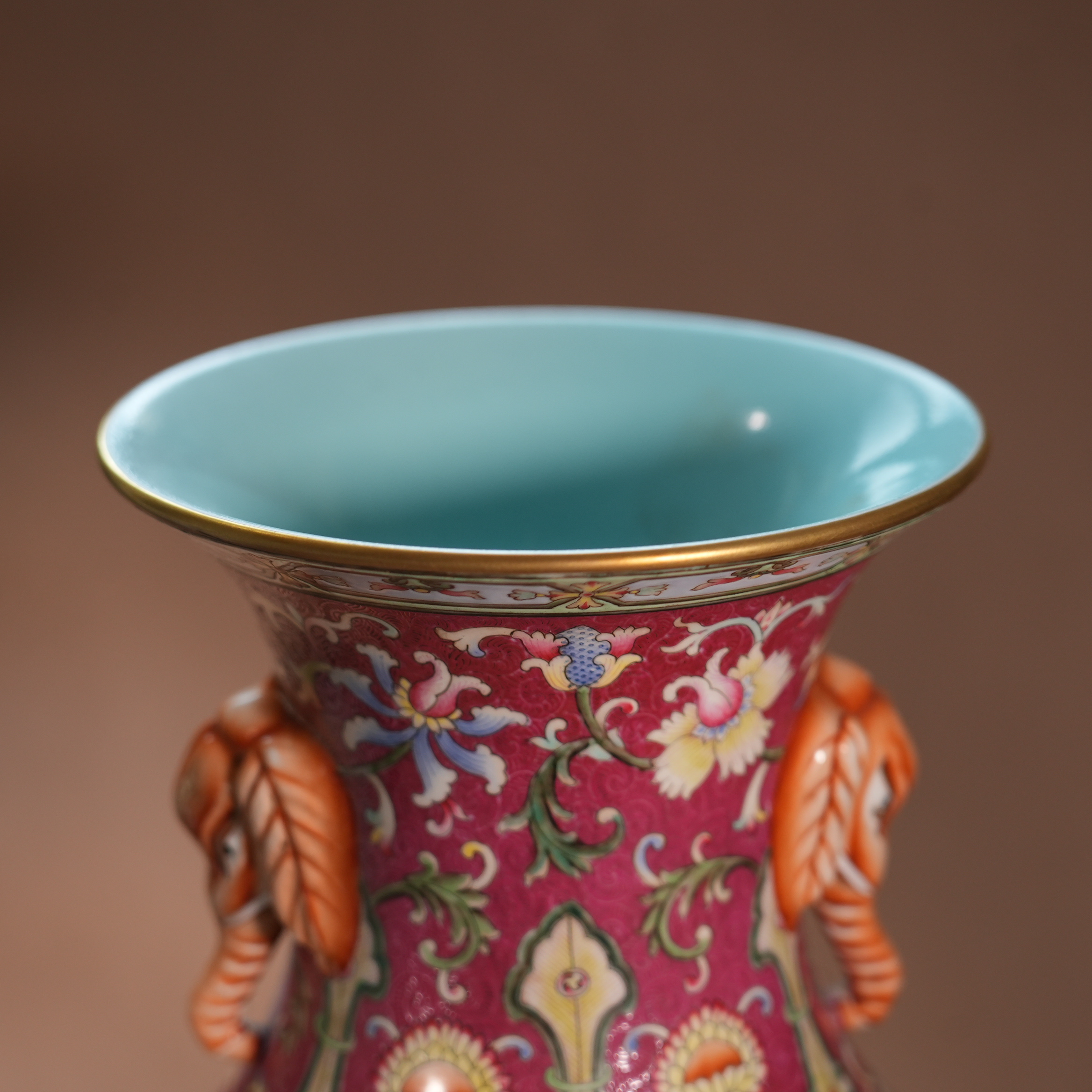 Ancient Chinese Famille Rose and Jun-Glazed Double Gourd Vase with Elephant Handles