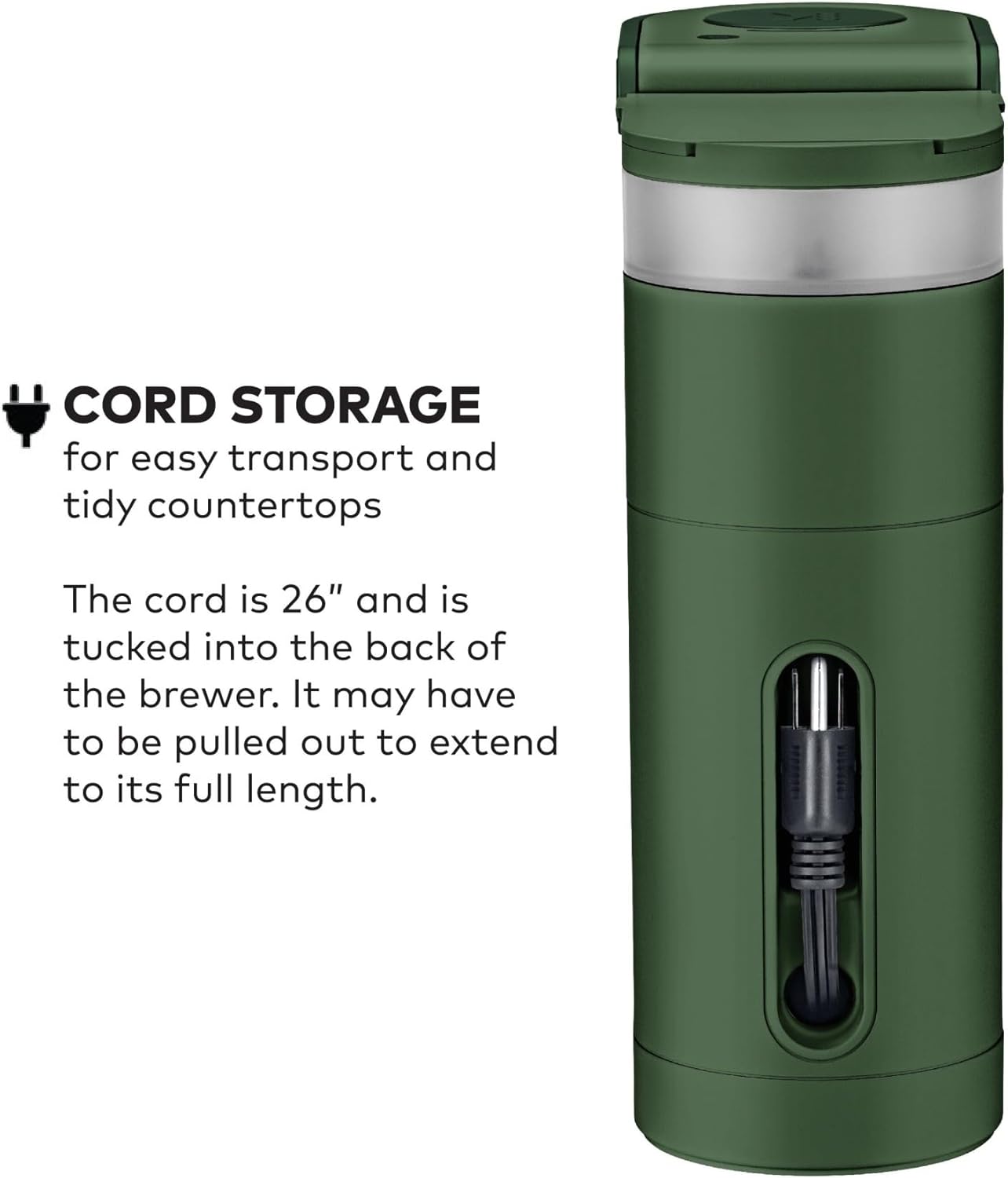 Coffee maker, brews 6 to 12 ounces, with cord storage, perfect for small spaces Green