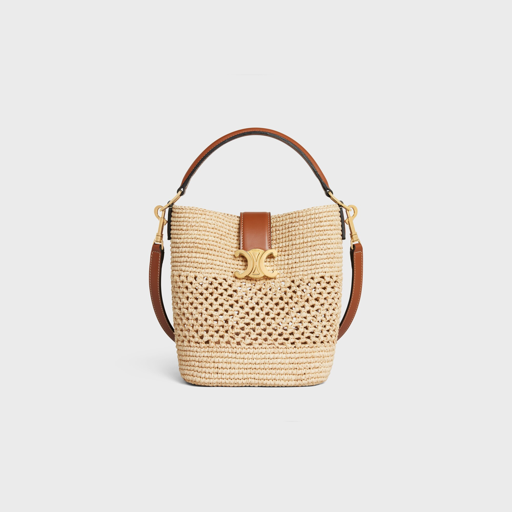 SMALL LOUISE BUCKET IN RAFFIA AND CALFSKIN NATURAL / TAN