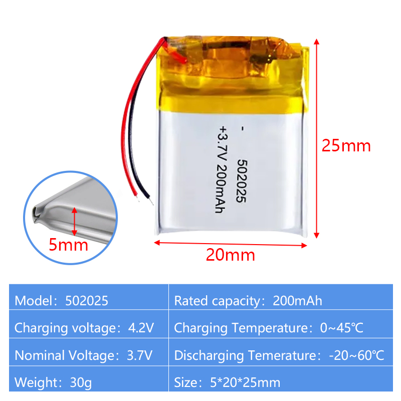 Pouch Lithium Ion Batteries 502020 502025 3.7v 180mAh 200mAh