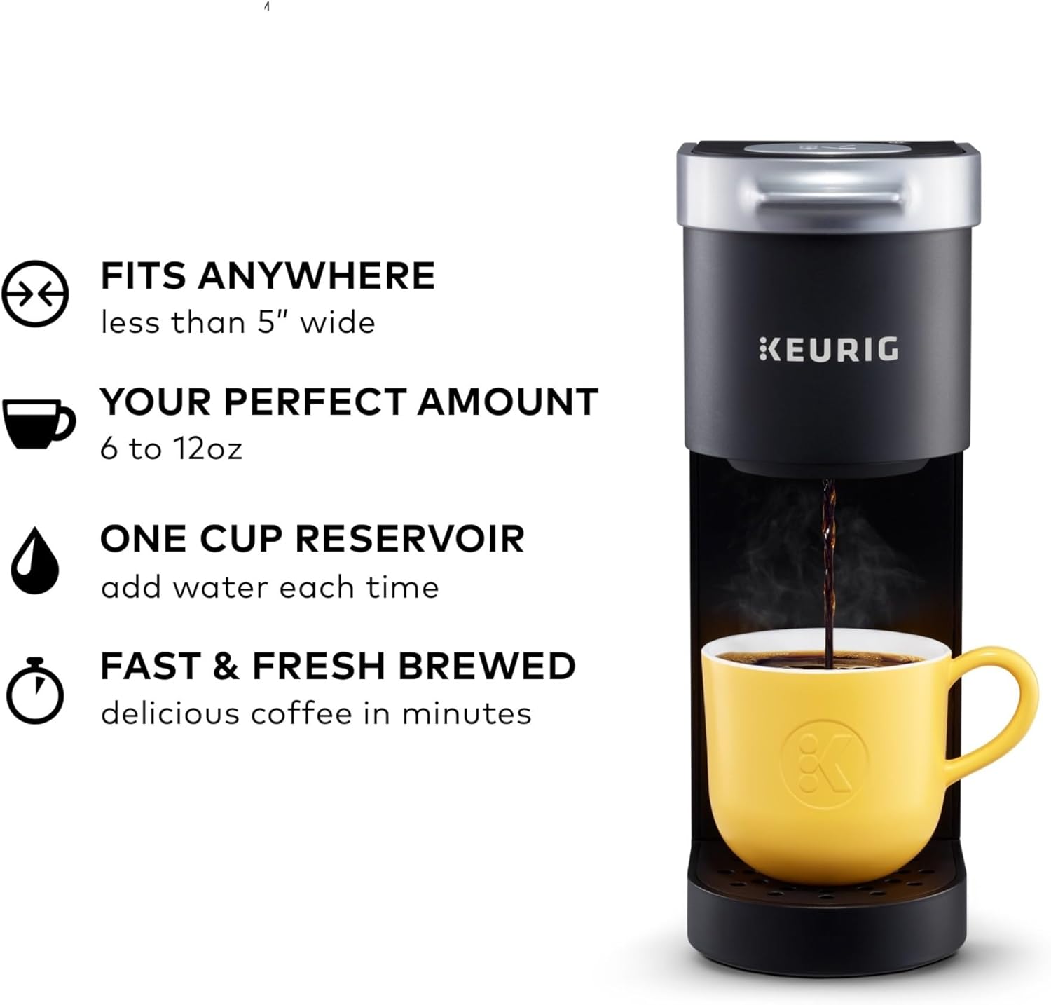 Coffee maker, 6 to 12 ounces (about 15.2 to 340.2 grams) brew size, with cord storage, great for small spaces, black