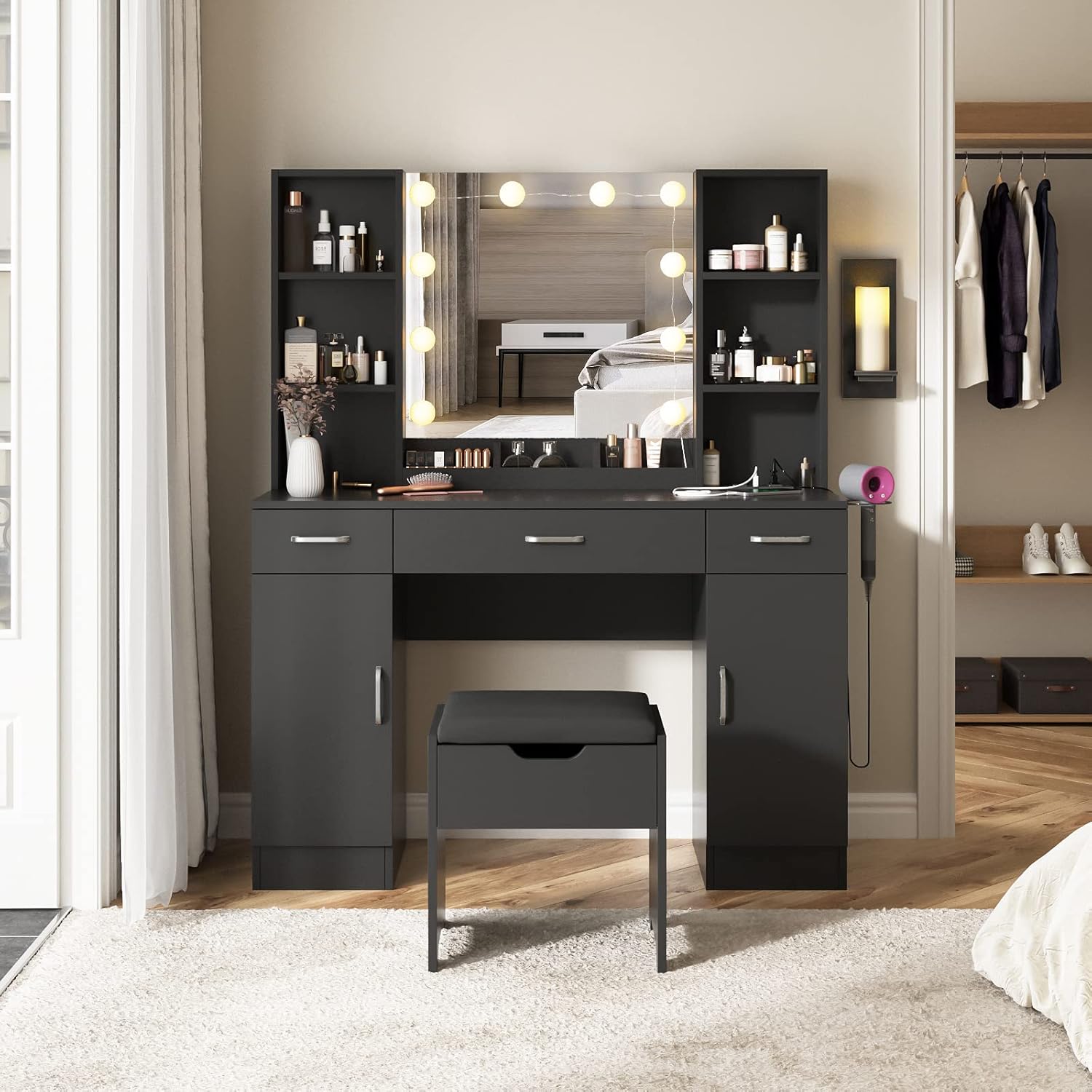 Vabches Makeup Vanity Table with Lighted Mirror & Power Strip. Large Vanity Set Vanity Desk with Storage Stool. 3 Lighting Modes. Brightness Adjustable. 45.2in(Large. Black)
