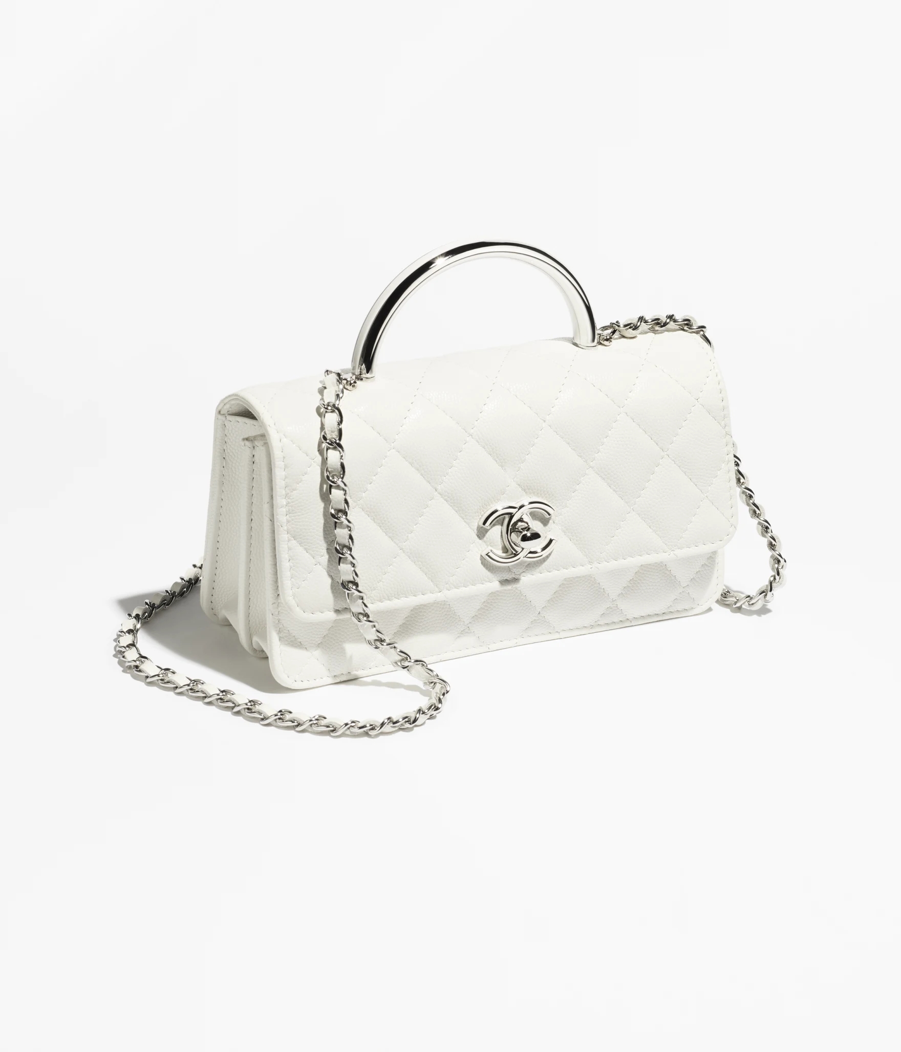 CLUTCH WITH CHAIN Shiny grained Calsfkin, Resin & Silver-Tone Metal White