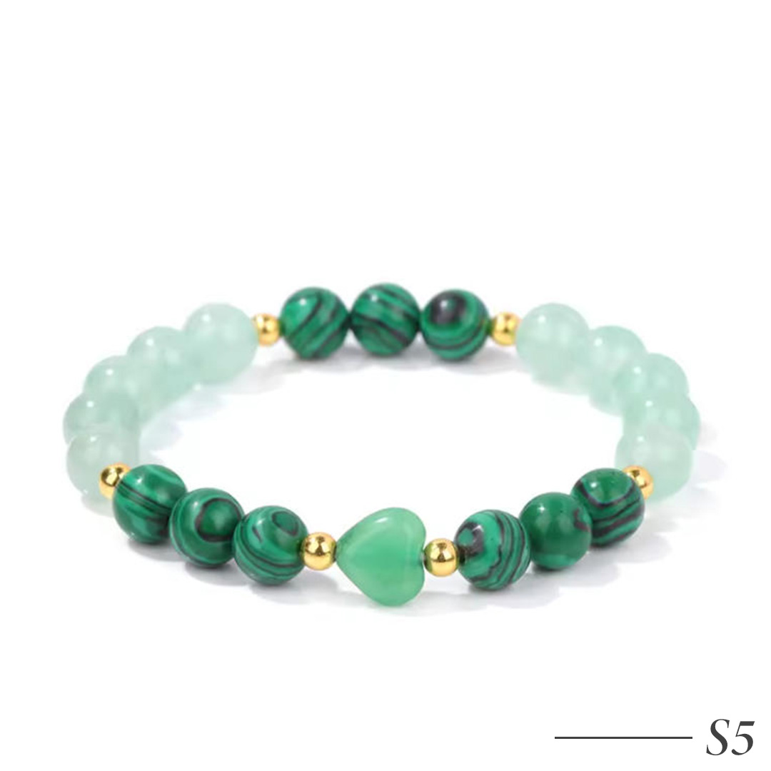 S5-Malachite & Tiger Eye Beaded Bracelet with Heart Charm