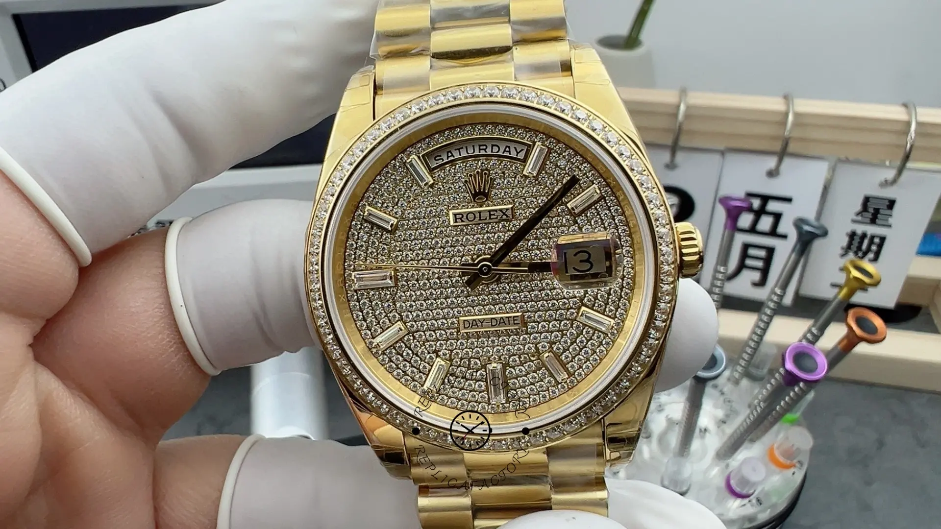 Replica Rolex Day-Date Diamond-Paved Dial 228398TBR-0036 40 Yellow Gold