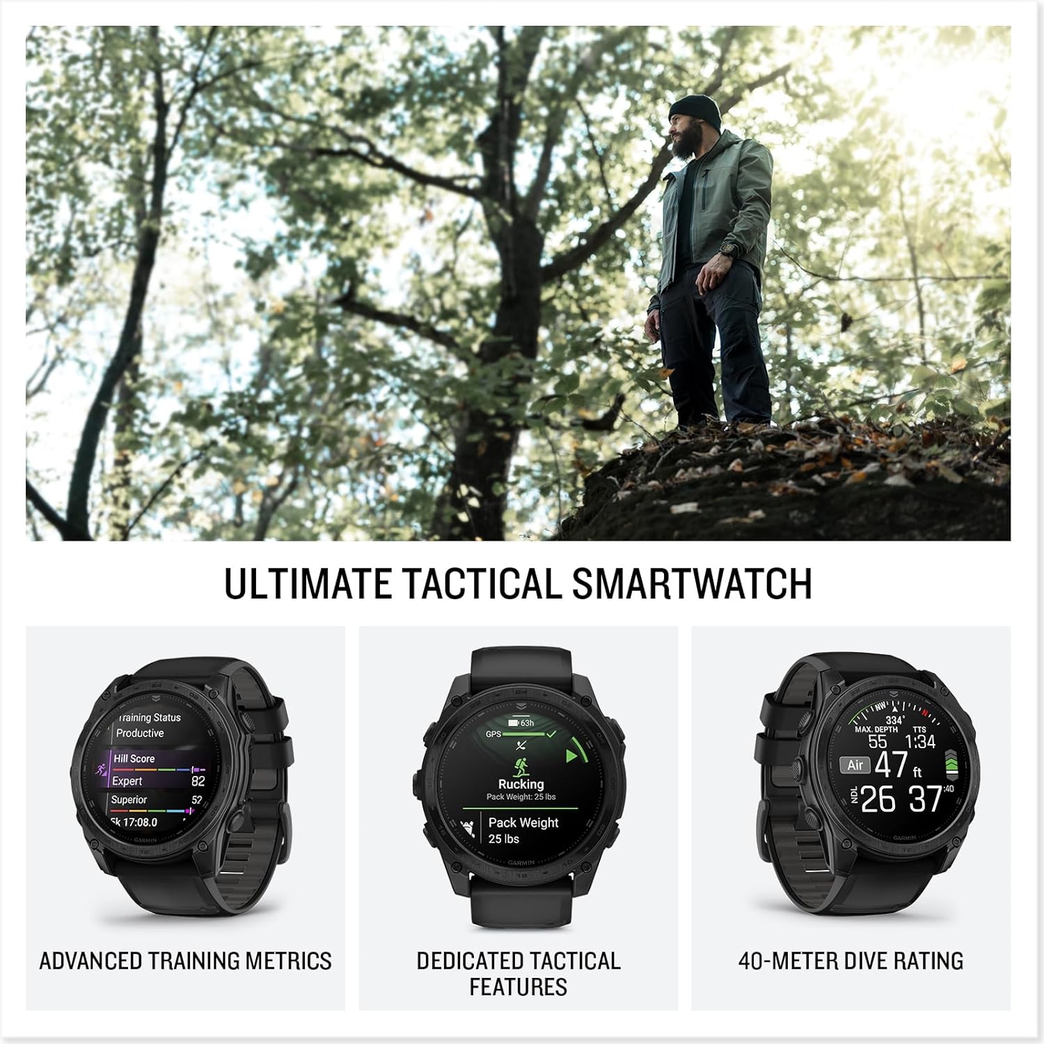 Garmin tactix® 8 51mm. Solar Charged Display. Elite. Premium Tactical GPS Smartwatch. Includes Applied Ballistics Elite™ Solver. Titanium Bezel. Sapphire Lens. 40-Meter Dive Rating