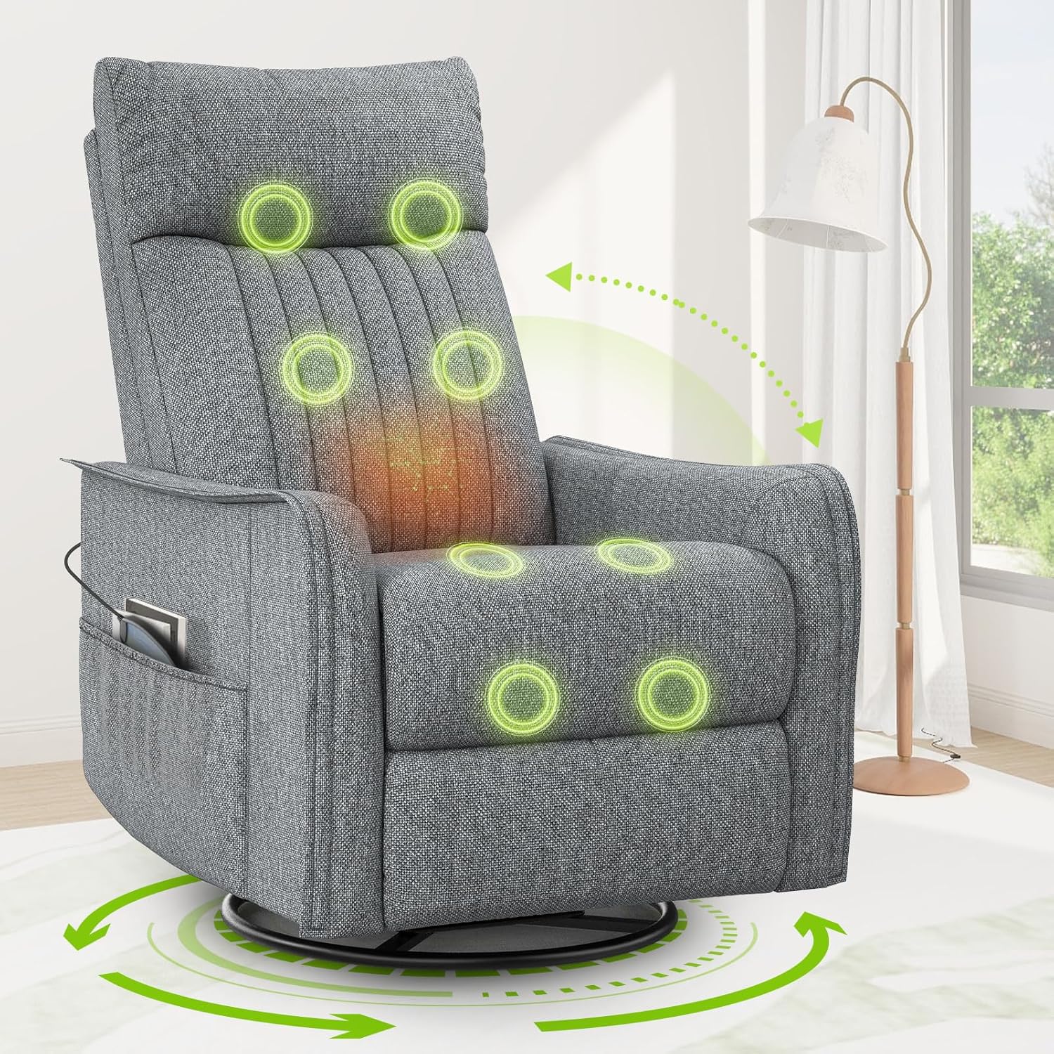 TV armchair with lounge chair. massage chair. relaxation chair with heating and massage. 360° rotating TV armchair. living room. swing chair with soft cushion headrest. 2 side pockets