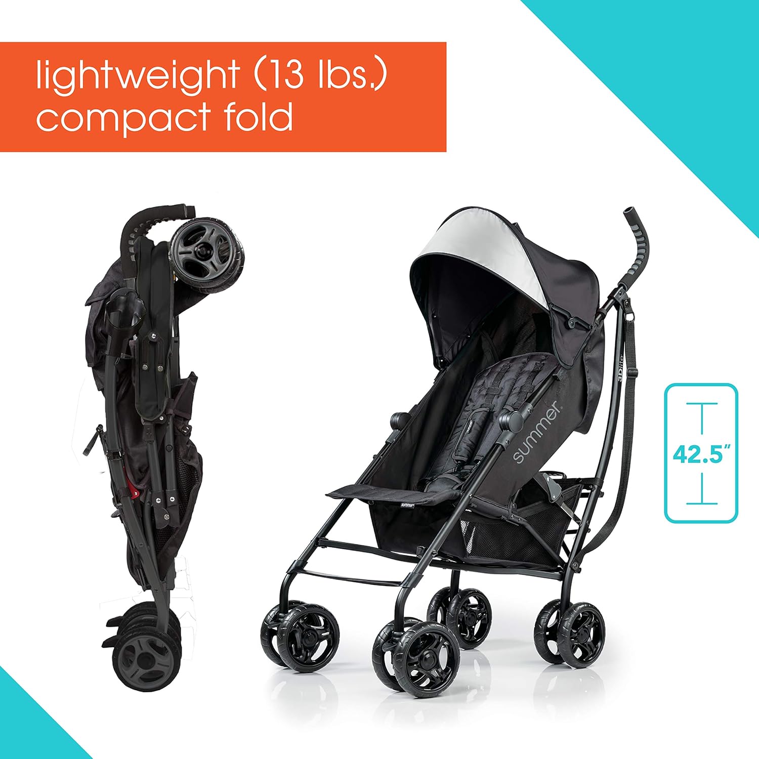 Summer Infant 3Dlite Convenience Stroller. Jet Blue - Lightweight Stroller with Aluminum Frame. Large Seat Area. 4 Position Recline. Extra Large Storage Basket - Infant Stroller for Travel and More