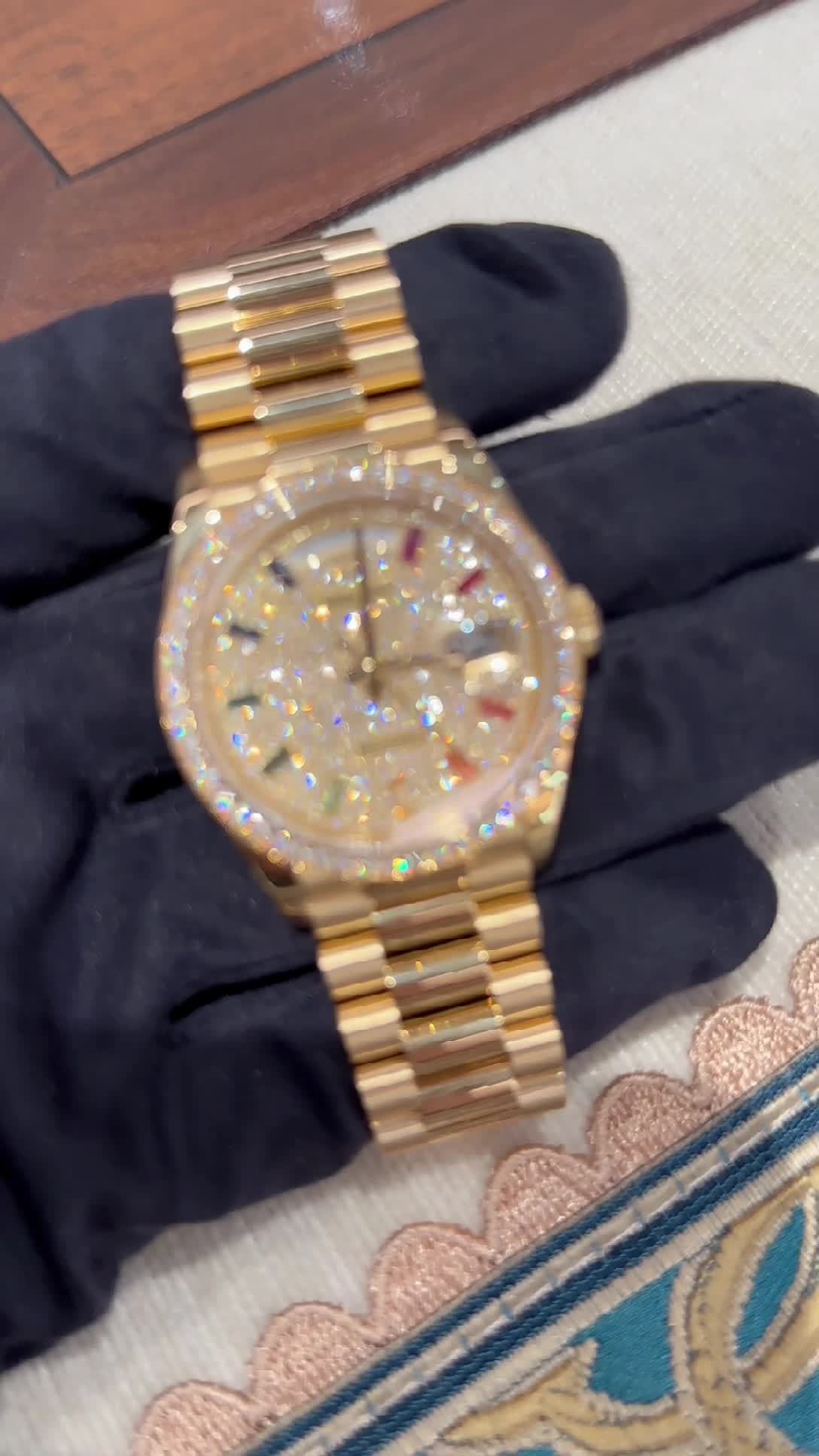 Rolex Day-Date Yellow Gold Diamond-Paved Dial Diamond Bezel Women's Watch M128348RBR-0030