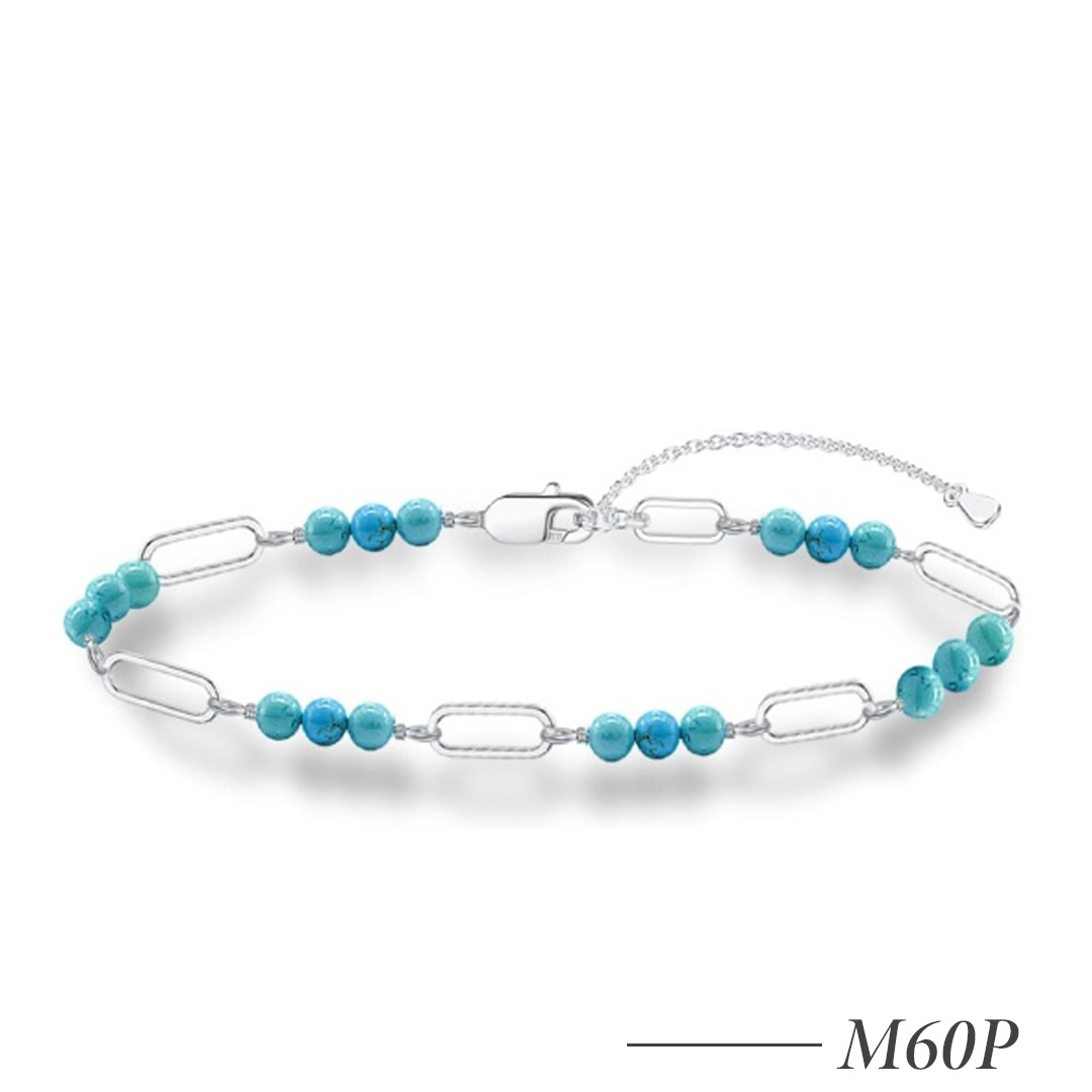M60P-Turquoise Beaded Paperclip Chain Bracelet – 925 Sterling Silver Adjustable Bracelet