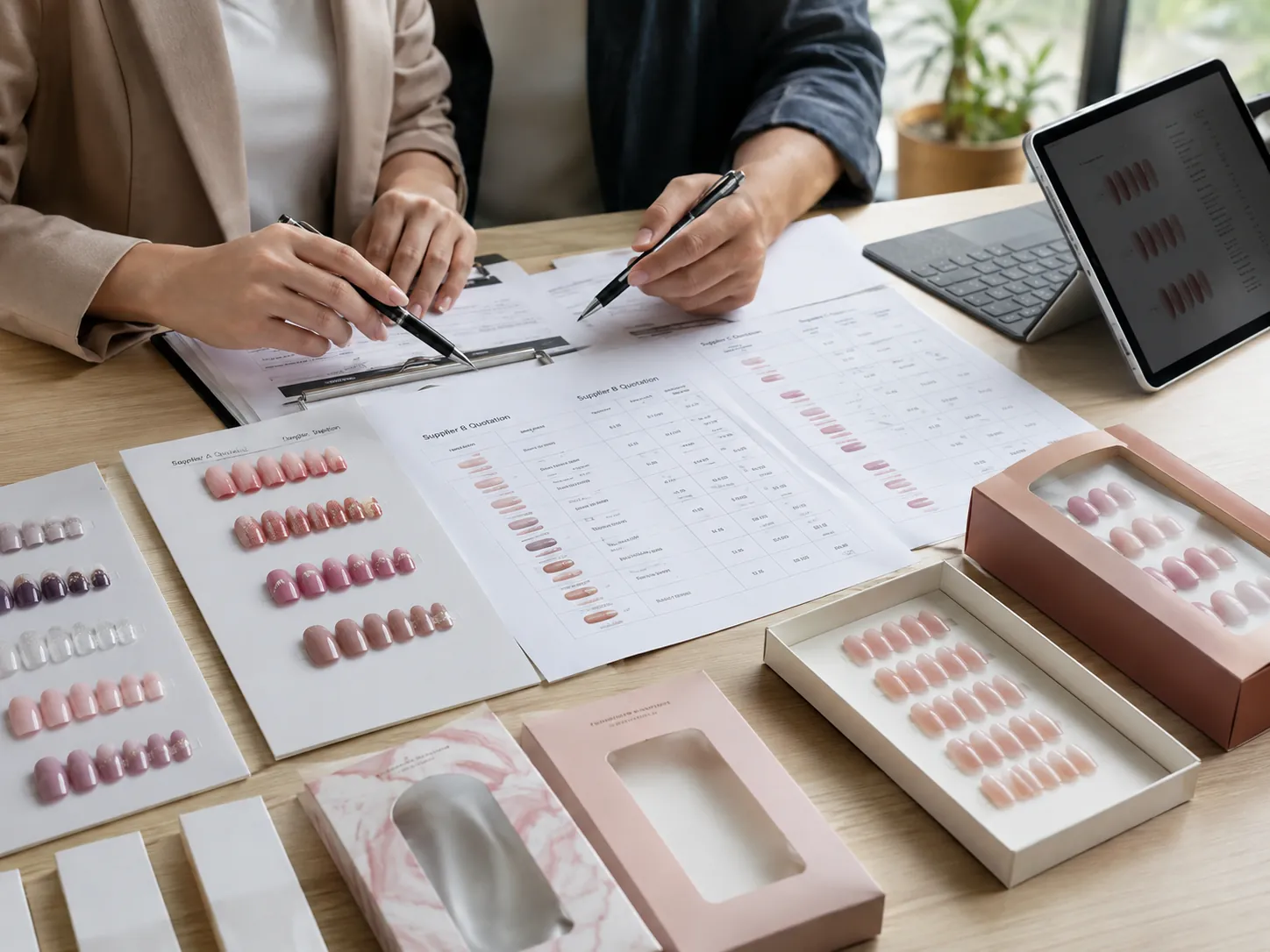 Buyer comparing press on nails wholesale quotations and product specifications
