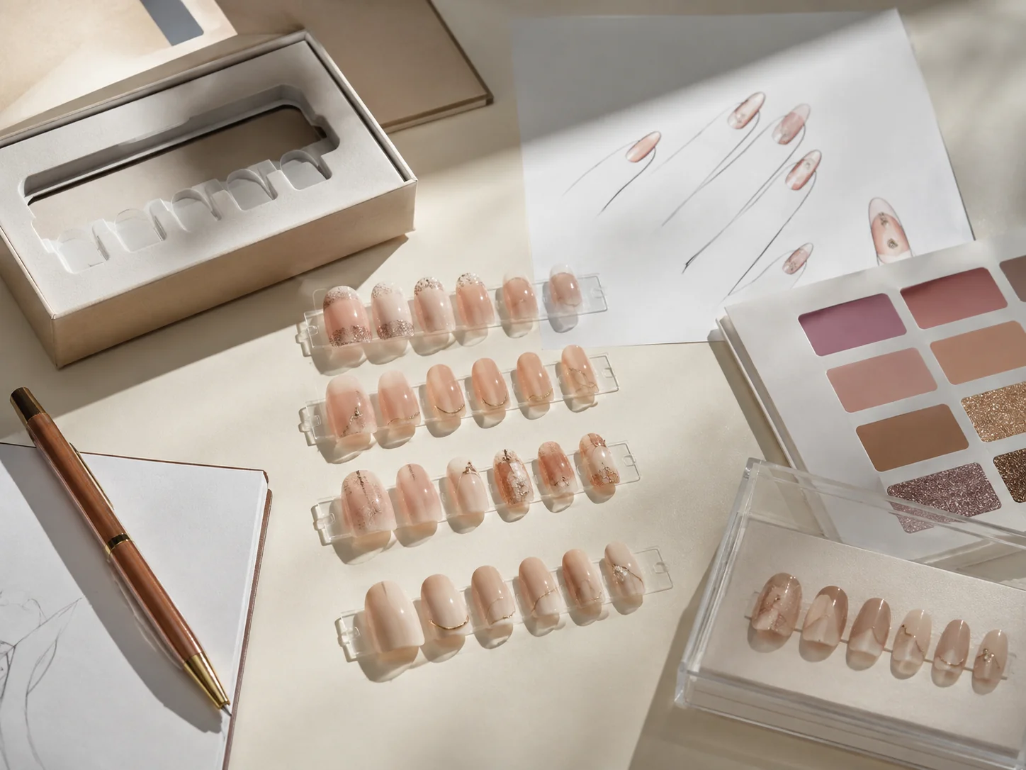 Private label press on nail sample revisions with reference design and packaging prototype