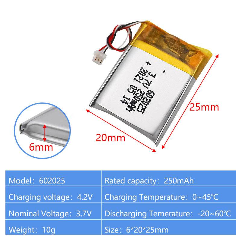 Pouch Lithium Ion Batteries 602025 602030 3.7v 250mAh 300mAh