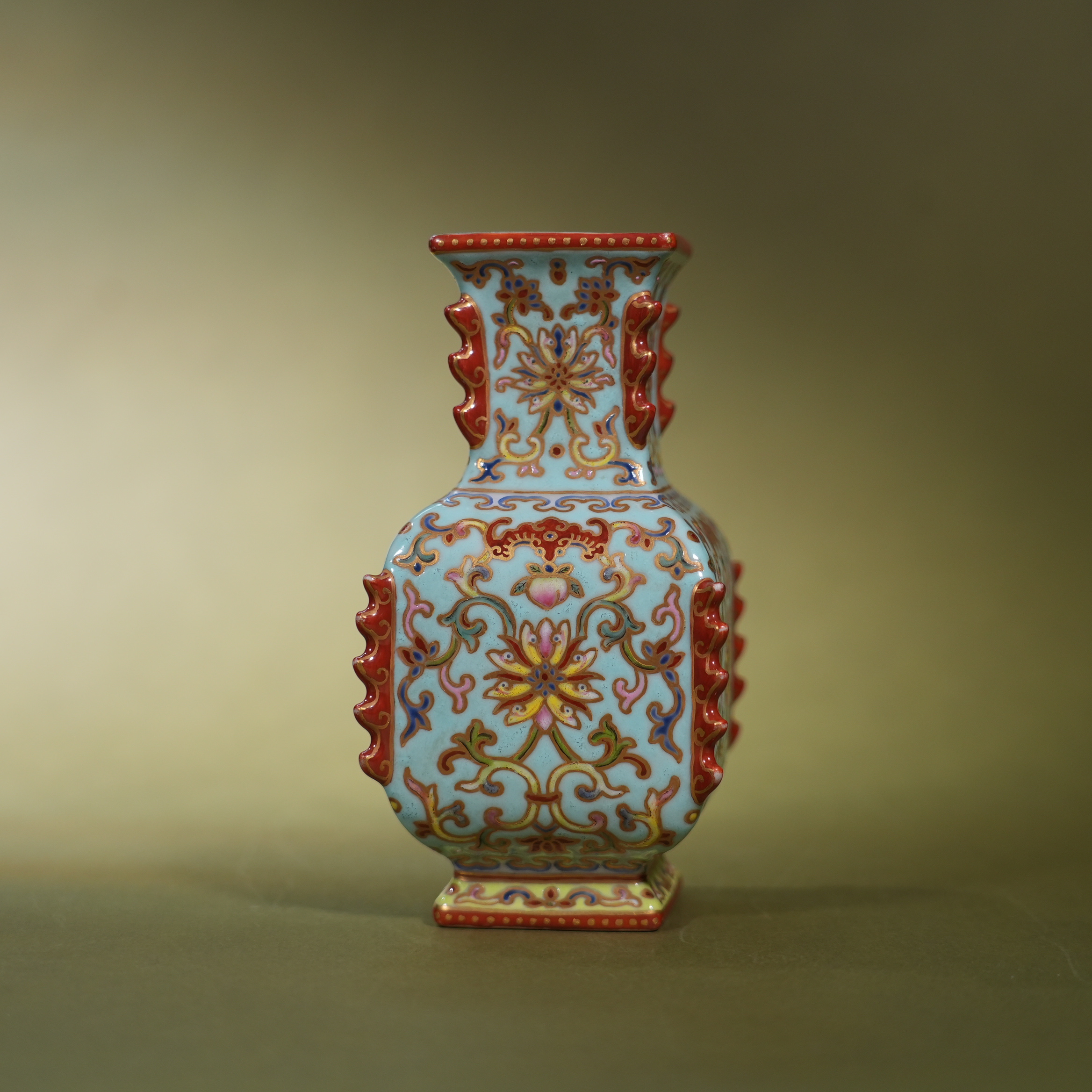 Ancient Chinese Famille Rose Auspicious Floral Square Porcelain Vase