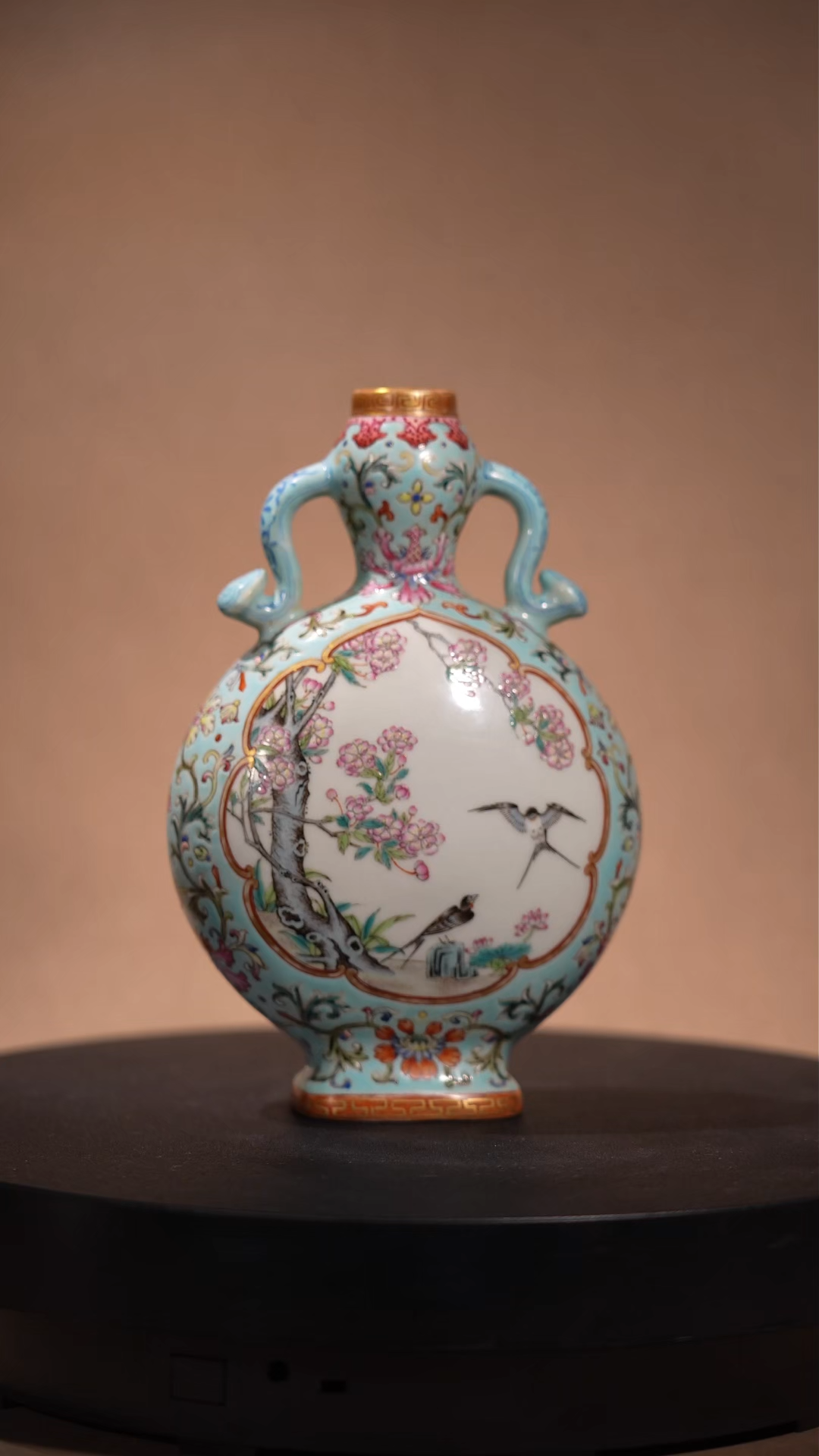 Ancient Chinese Famille Rose Moon Flask with Ruyi Handles and Bird-and-Flower Motifs